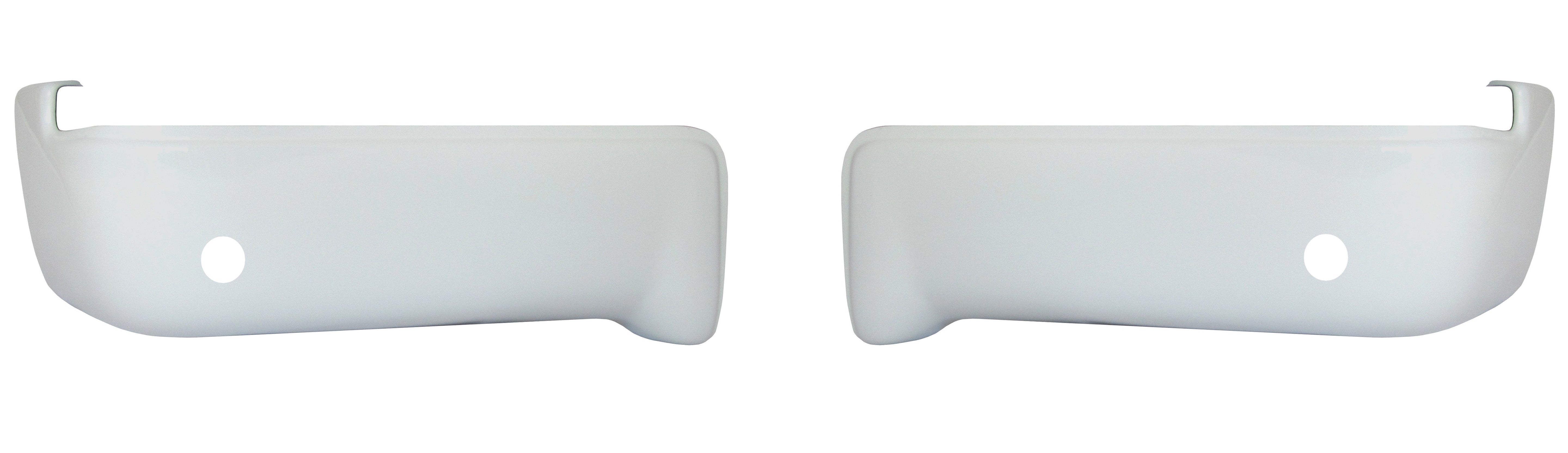 Gloss white rear BumperShellz chrome delete caps for 2009-2014 Ford F150, with parking sensor cutouts