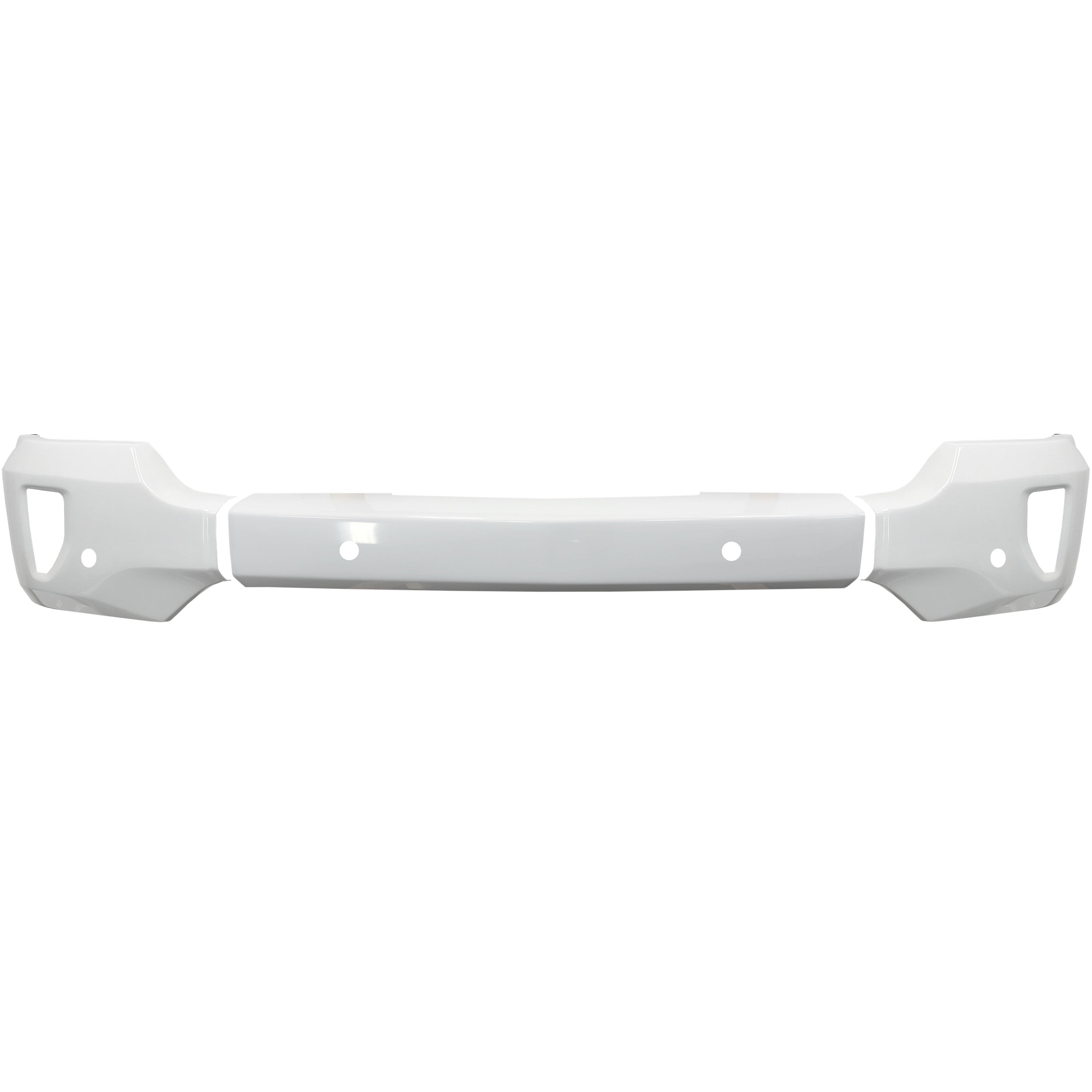 Gloss white front BumperShellz for 2016-2018 Chevy Silverado 1500, with parking sensors and fog lamps.