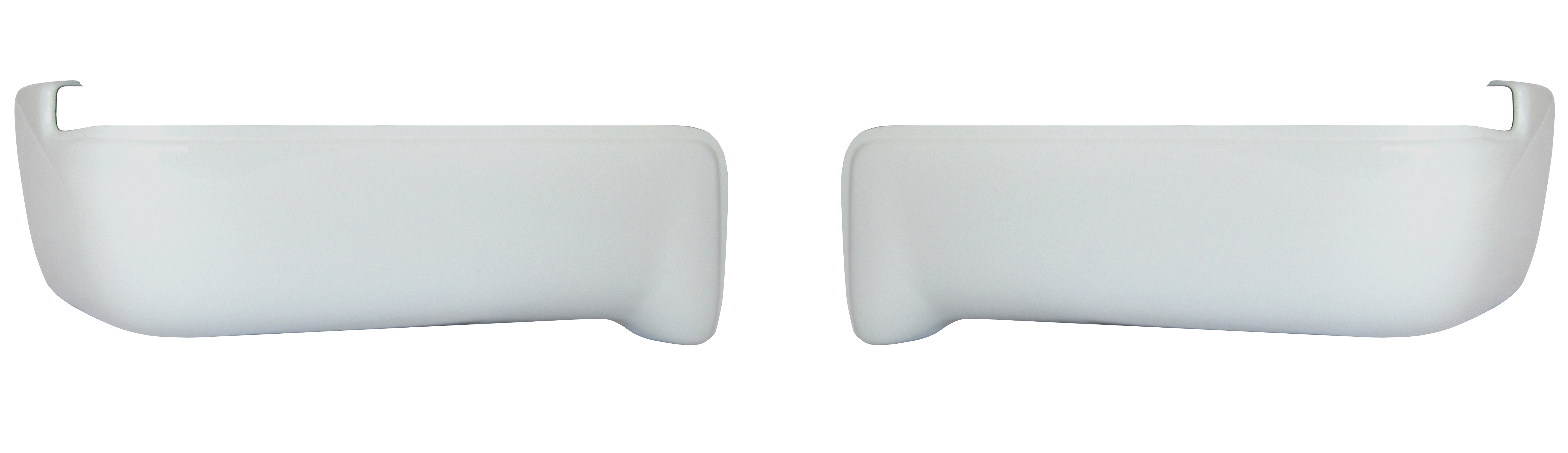 Gloss white rear BumperShellz chrome delete caps for 2009-2014 Ford F150, no parking sensor cutouts.