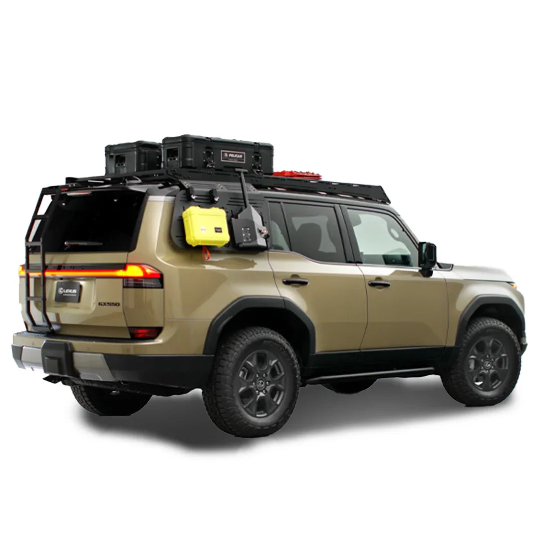 Beige Lexus GX550 SUV with overlanding roof rack, storage boxes, and gear mounted for expedition camping