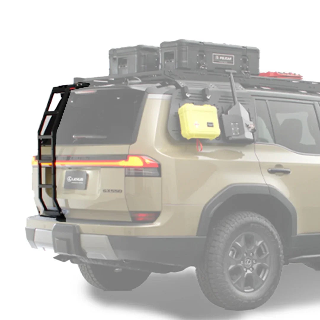 GX550 rear ladder attached to overland SUV with roof rack and gear accessories