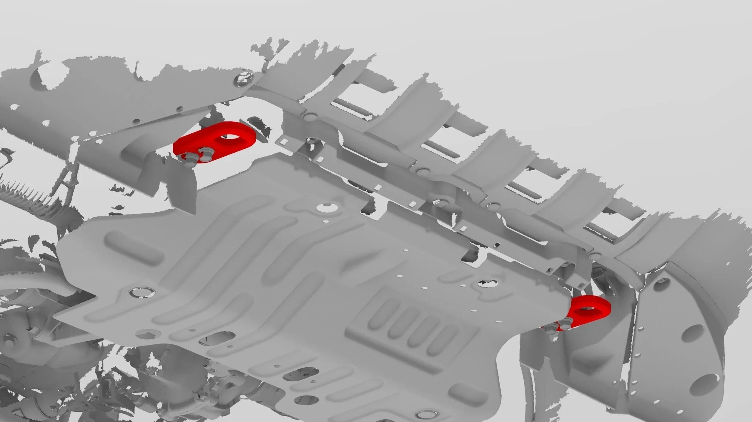 Underbody skid plate with red recovery points for off-road vehicle protection