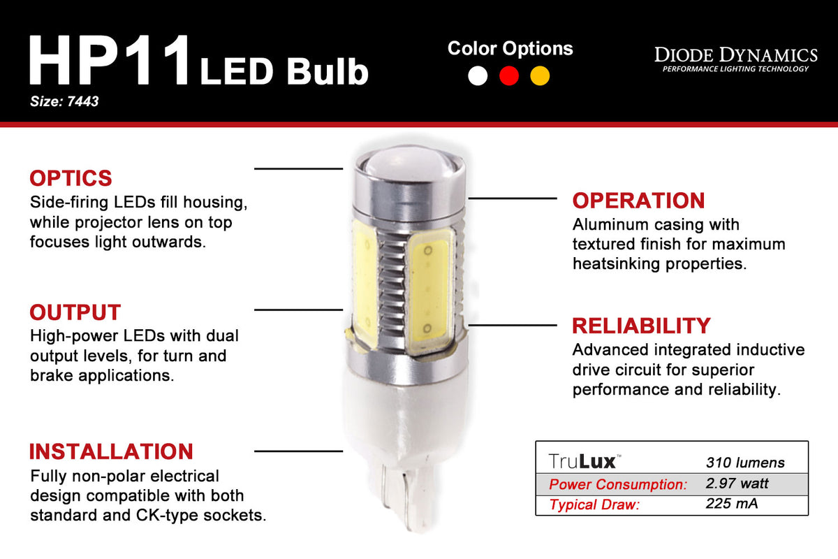 Diode Dynamics 7440/7443 HP11 backup LED bulb for trucks and SUVs – spec diagram