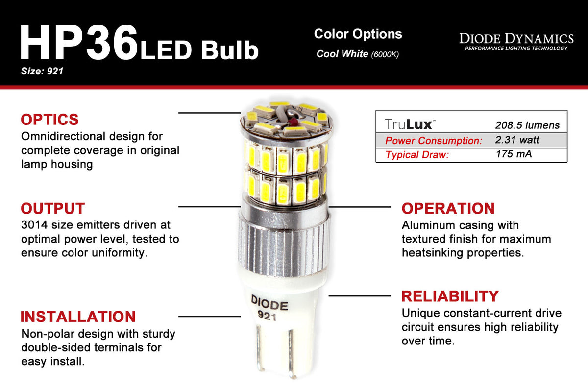 Diode Dynamics 921 HP36 LED bulbs for trucks and SUVs – dimensions