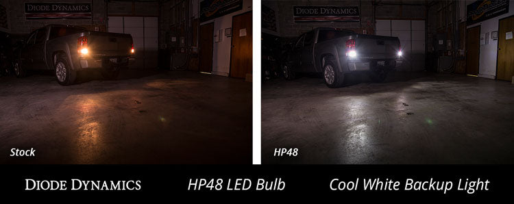 Diode Dynamics 3156/3157 HP48 backup LED bulb for trucks and SUVs – lit comparison