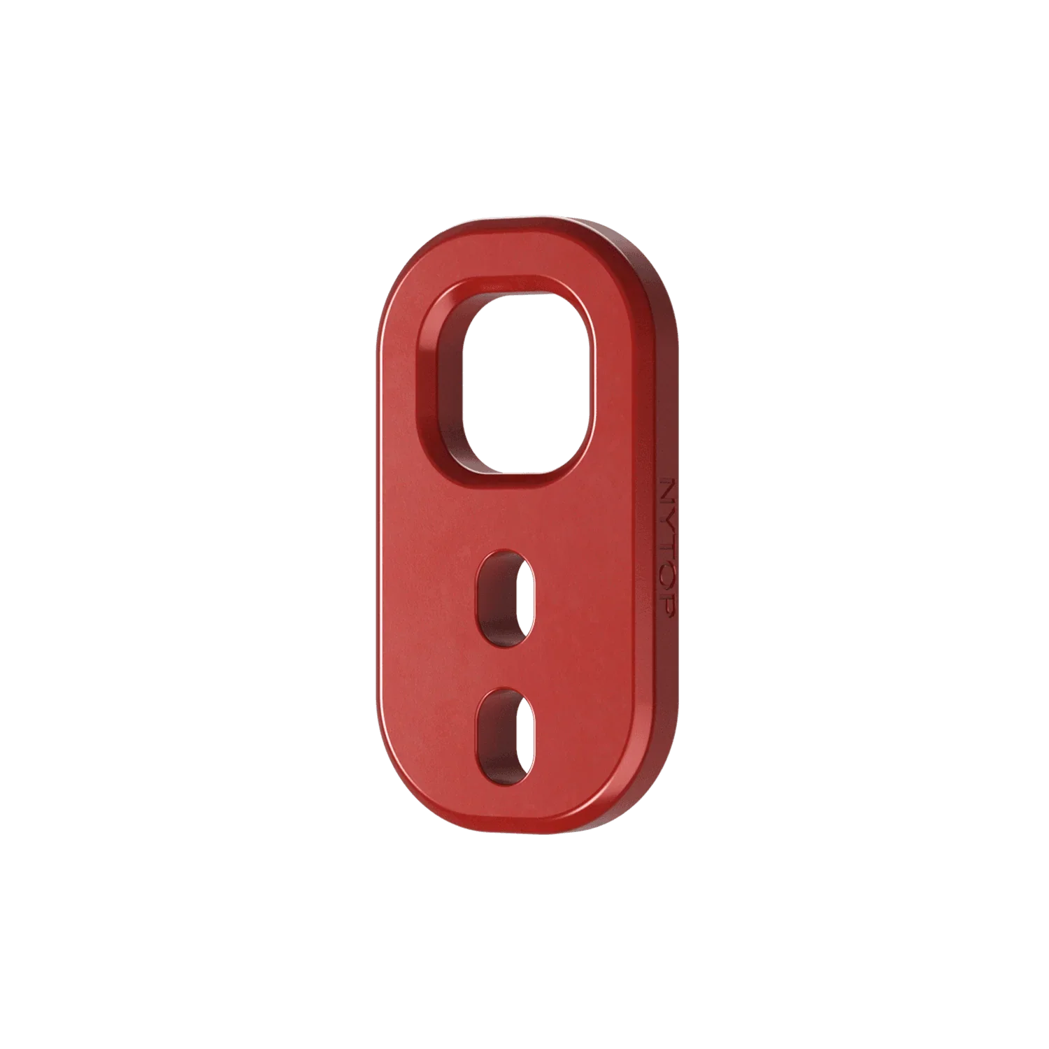 Red aluminum recovery hitch for overlanding vehicles on solid blue background