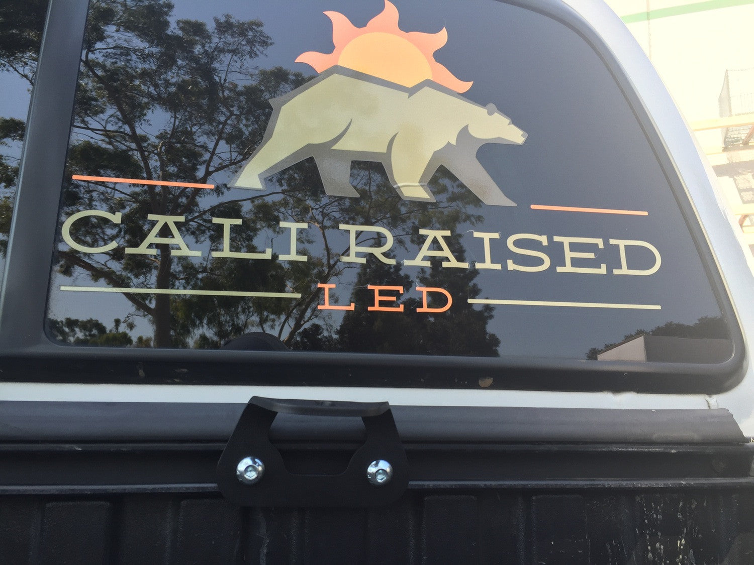 Truck rear window with Cali Raised LED decal and sunset bear graphic, overlanding gear mount in foreground