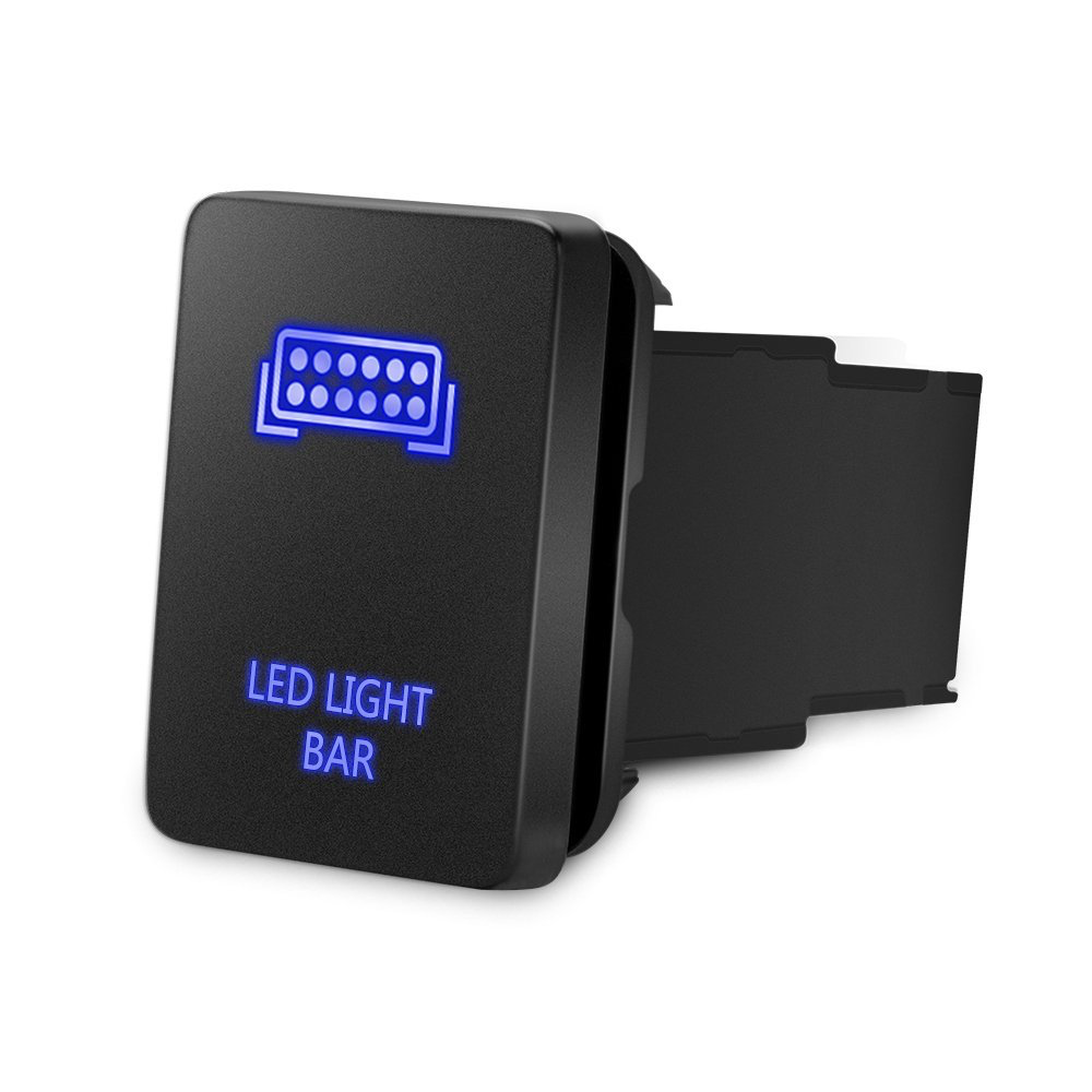 Black LED light bar switch for off-road vehicle accessories, blue illuminated icon and text