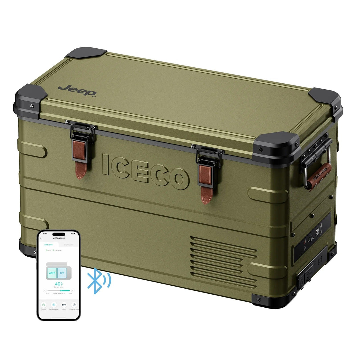 ICECO x Jeep APL35 dual zone fridge freezer in olive