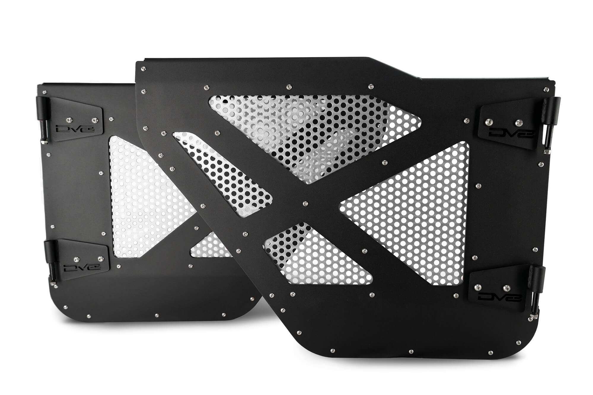 Pair of black steel mesh Jeep half doors for off-road vehicles, rugged and vented design