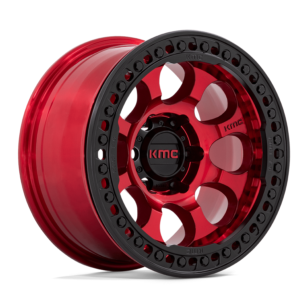 KMC KM237 Riot Beadlock wheel in Candy Red with Satin Black Ring, universal fit