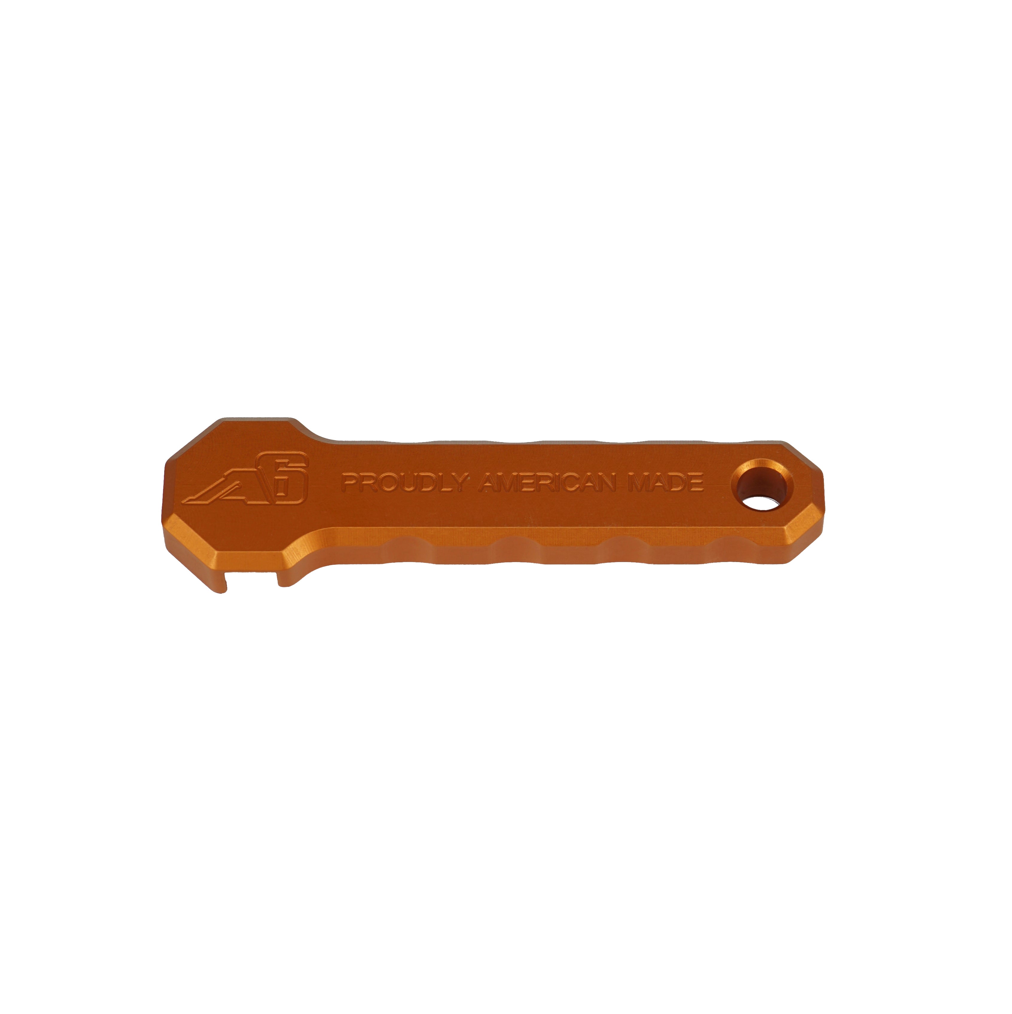 Orange aluminum knob wrench with American made engraving, overlanding tool