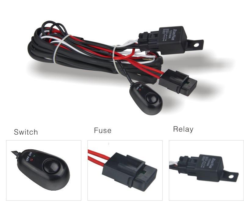 Off-road lighting wiring harness with switch, relay, and fuse for vehicle accessories