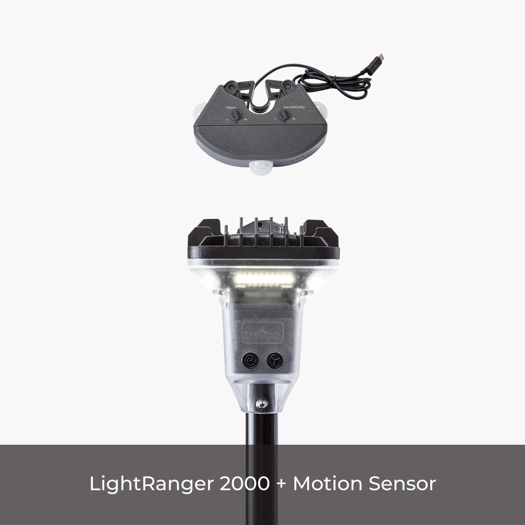 Outdoor LED floodlight head with motion sensor attachment for camping or vehicle use