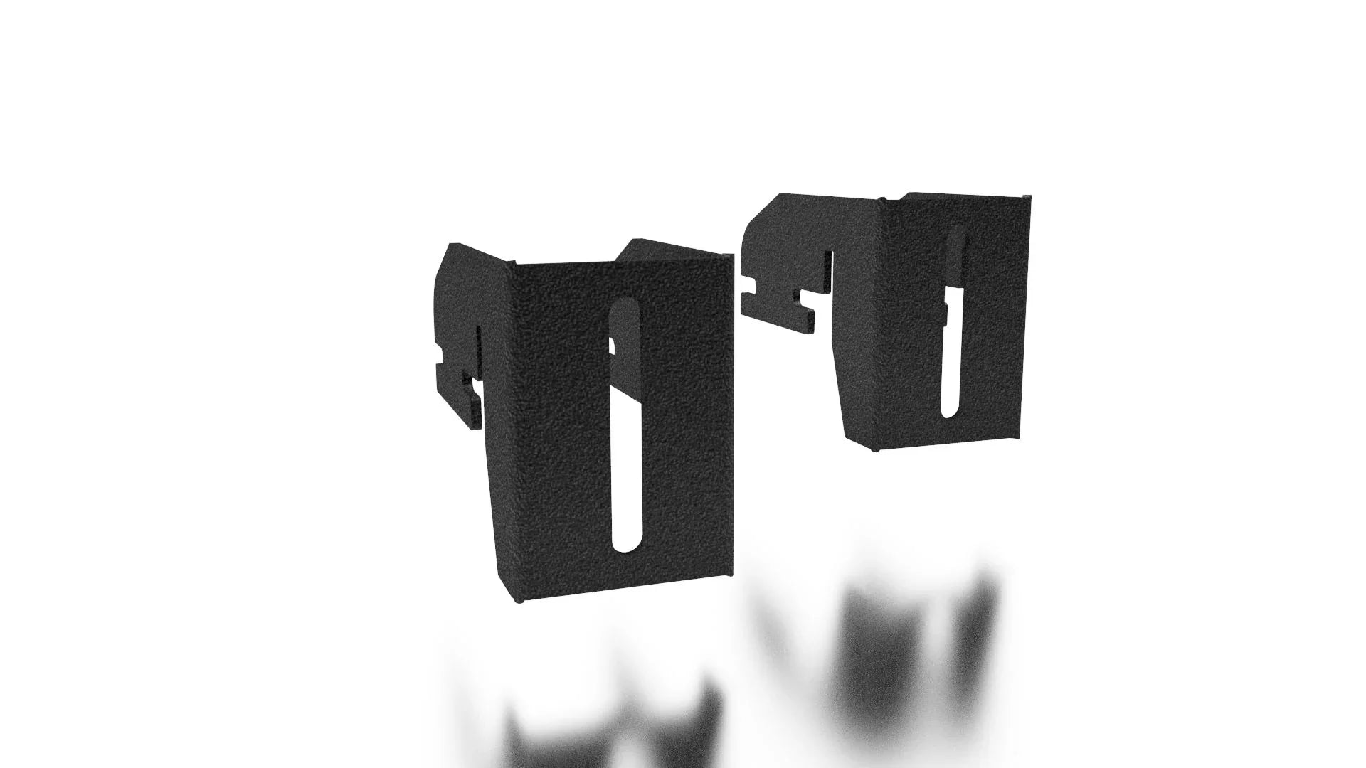 Pair of black textured metal awning mounting brackets with vertical slotted holes