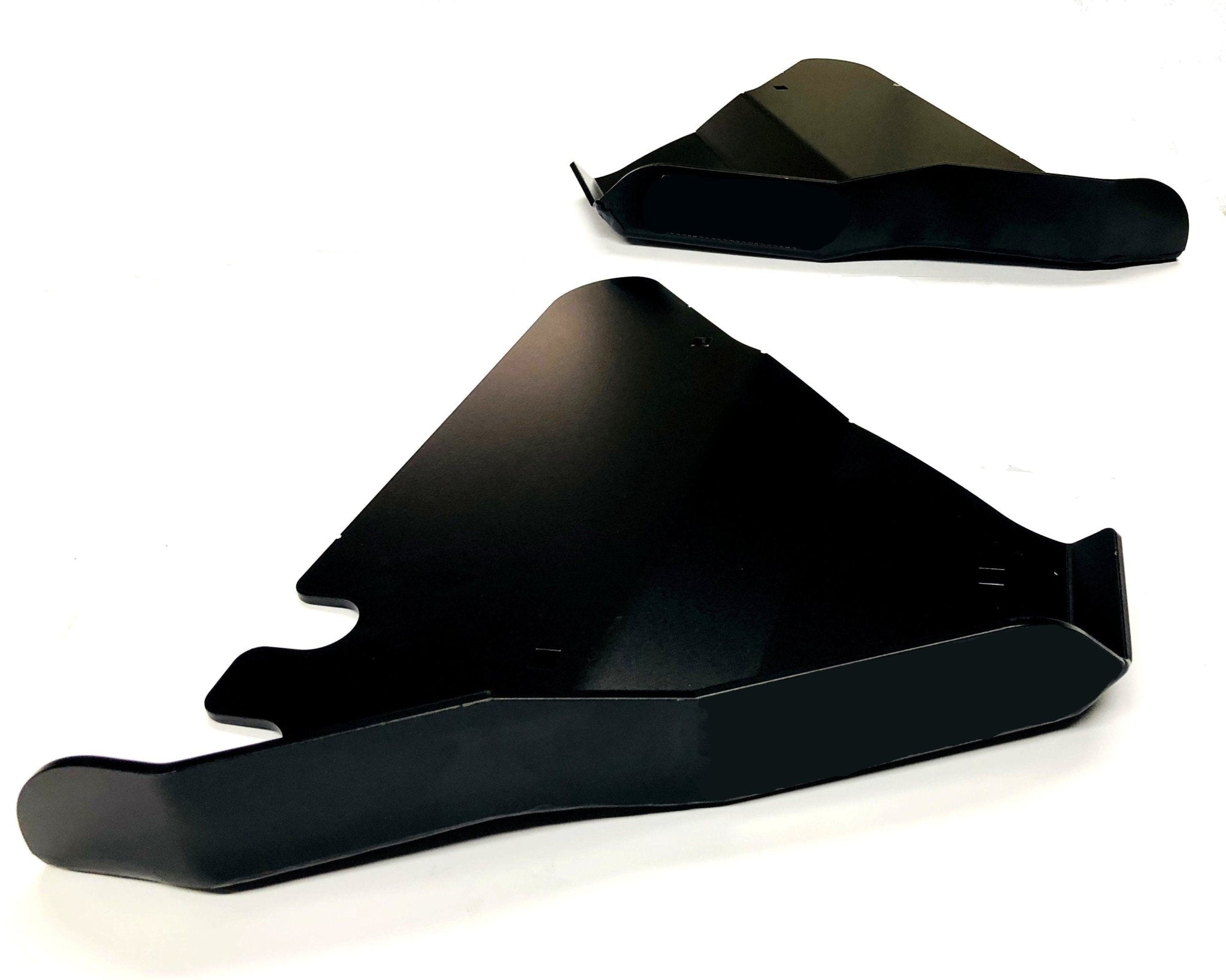Steel lower control arm skid plates for Toyota Tacoma Gen 3, black finish, on white background