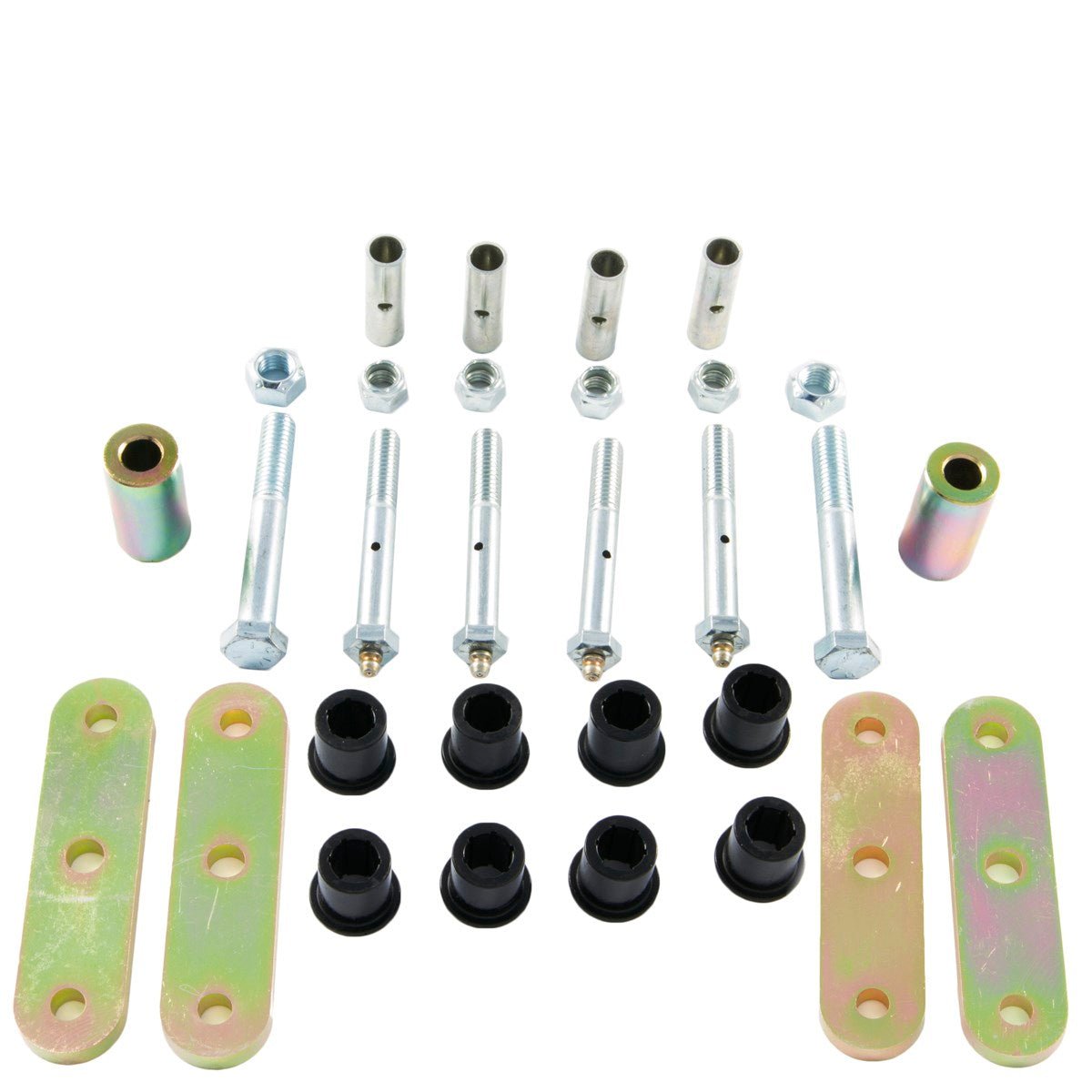Lubeable shackles kit for Jeep CJ 1946-75, includes bolts, bushings, plates, and sleeves