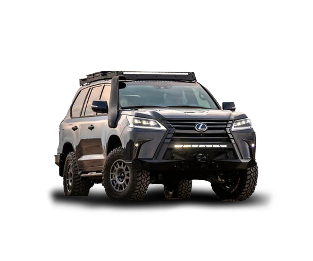 Lexus LX570 SUV with overlanding roof rack, off-road tires, and snorkel for expedition use