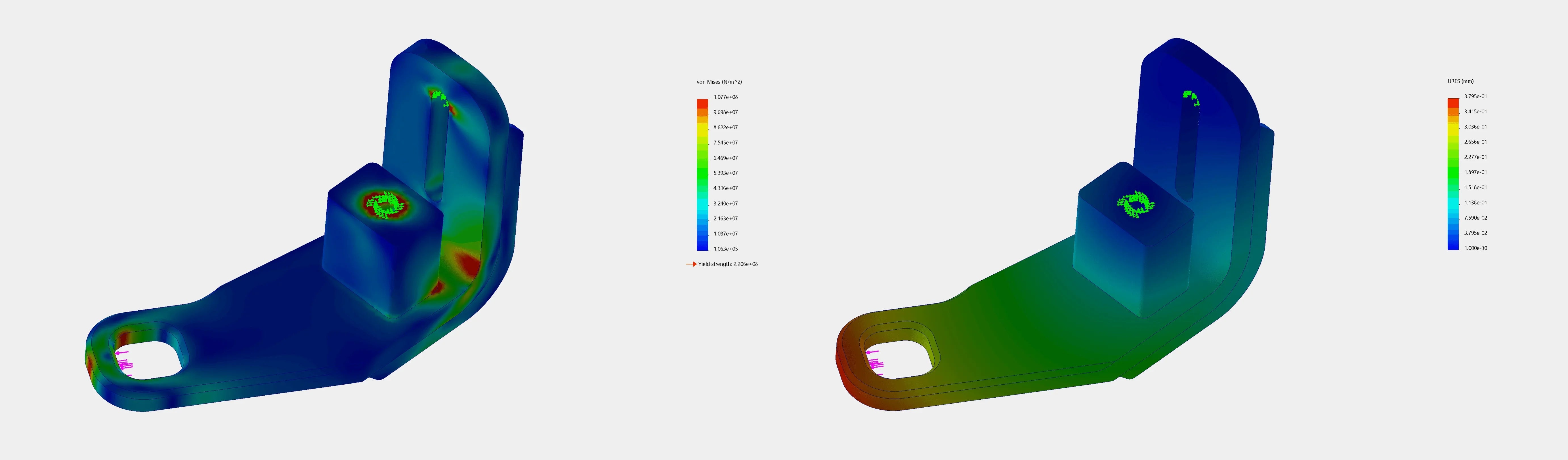 Finite element analysis of a metal vehicle mount bracket showing stress and displacement heatmaps