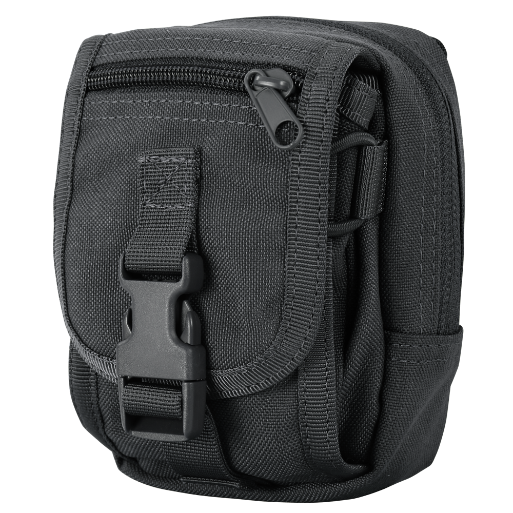 Black tactical pouch with zipper and buckle for overlanding and camping gear