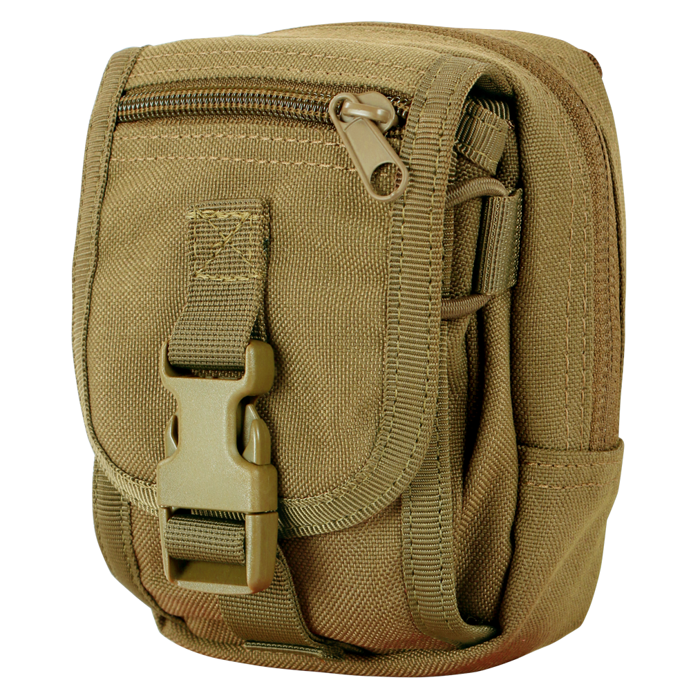 Tan tactical MOLLE utility pouch with zipper and plastic buckle for overlanding gear