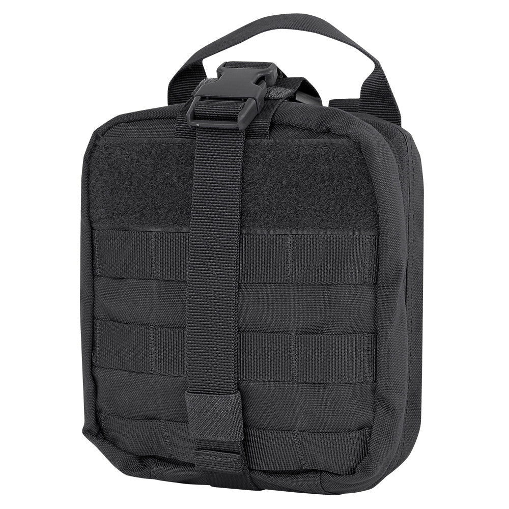 Black tactical MOLLE pouch with buckle strap and handle, ideal for overlanding gear storage