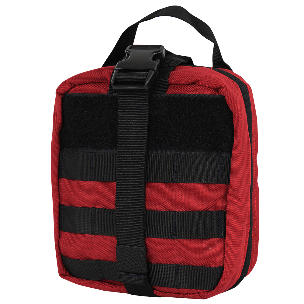 Red tactical MOLLE pouch with black straps and buckle for overlanding or camping gear