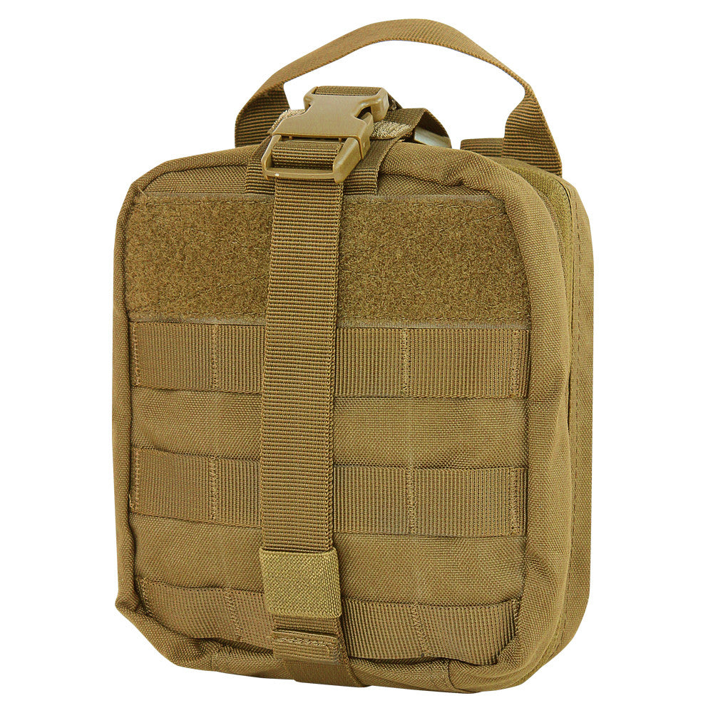 Tan MOLLE tactical pouch with strap and buckle, ideal for overlanding and camping gear