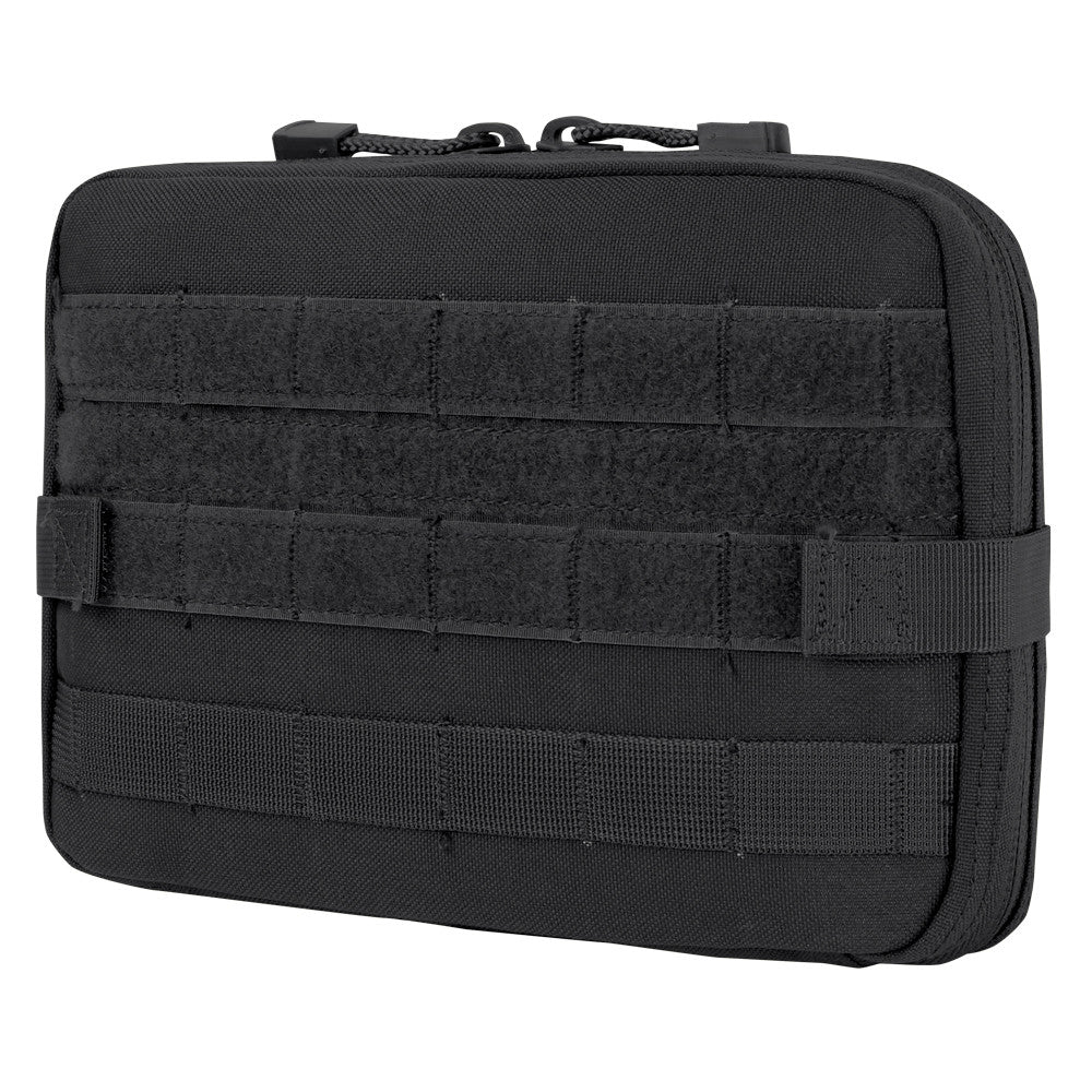 Black tactical MOLLE pouch with zipper, rugged design for camping or overlanding gear