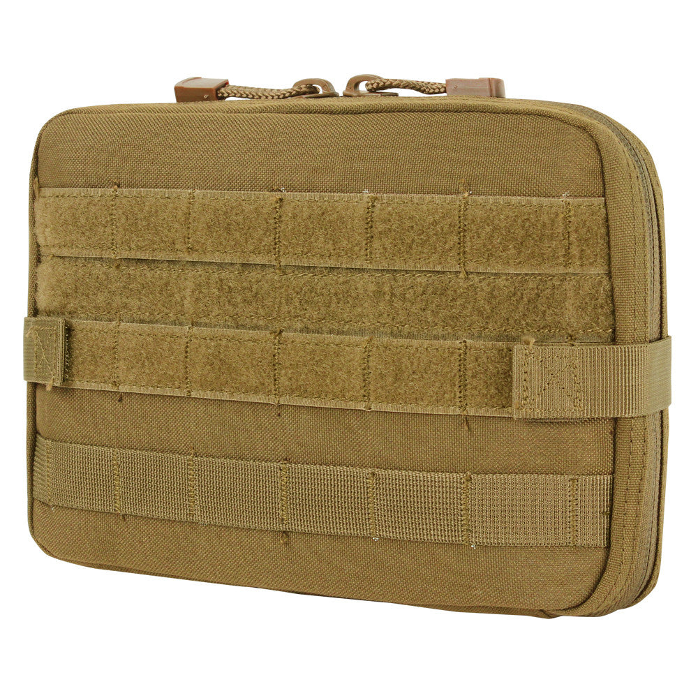 Tan MOLLE tactical pouch with zipper for overlanding or adventure gear organization