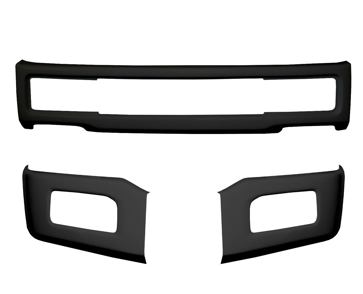 Matte black front bumper for 2018-2020 Ford F150, with fog lamps and no tow hook cutouts.