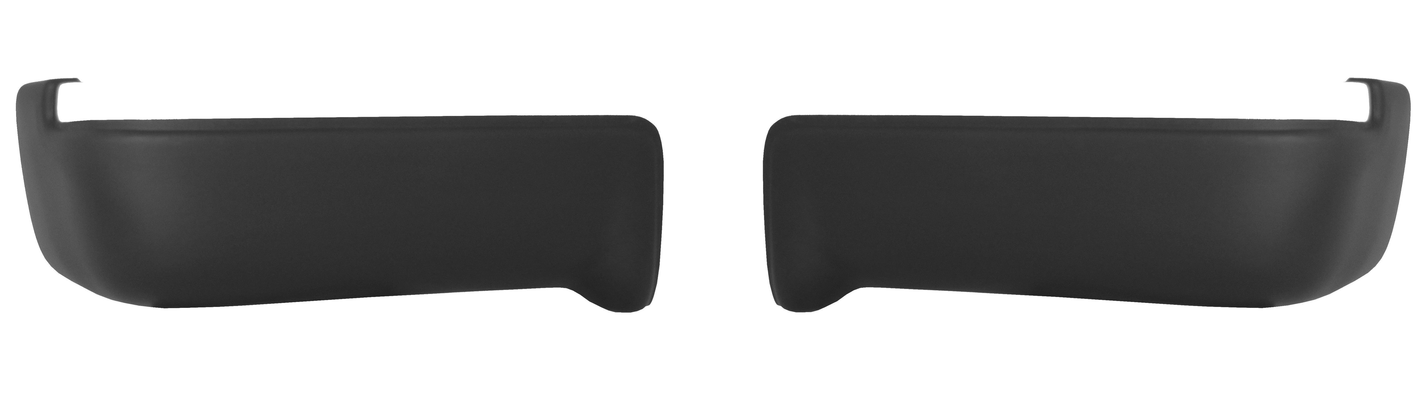 Matte black rear BumperShellz chrome delete caps for 2009-2014 Ford F150, with parking sensor cutouts