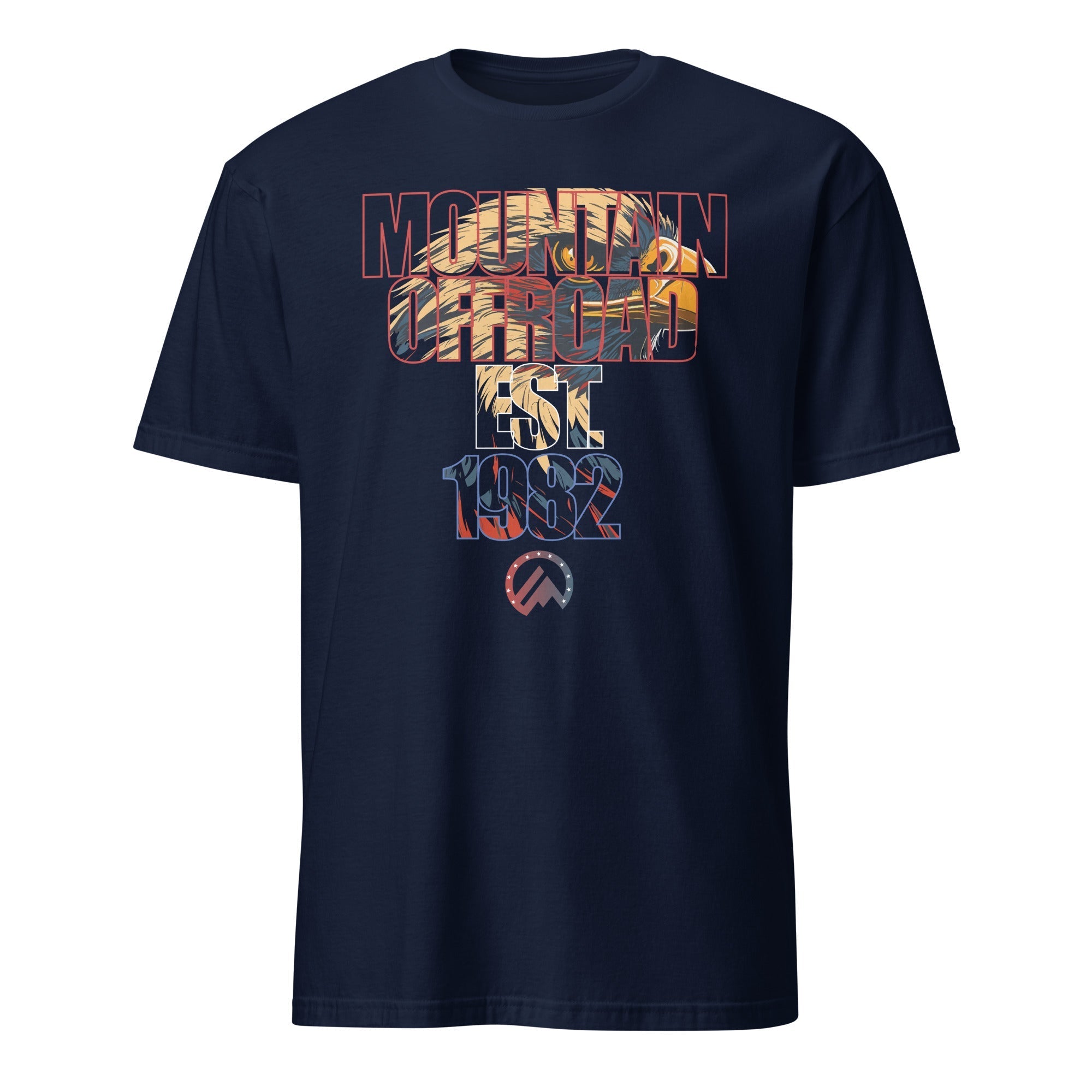 Navy blue t-shirt with mountain offroad eagle graphic and 'EST. 1982' text on front.