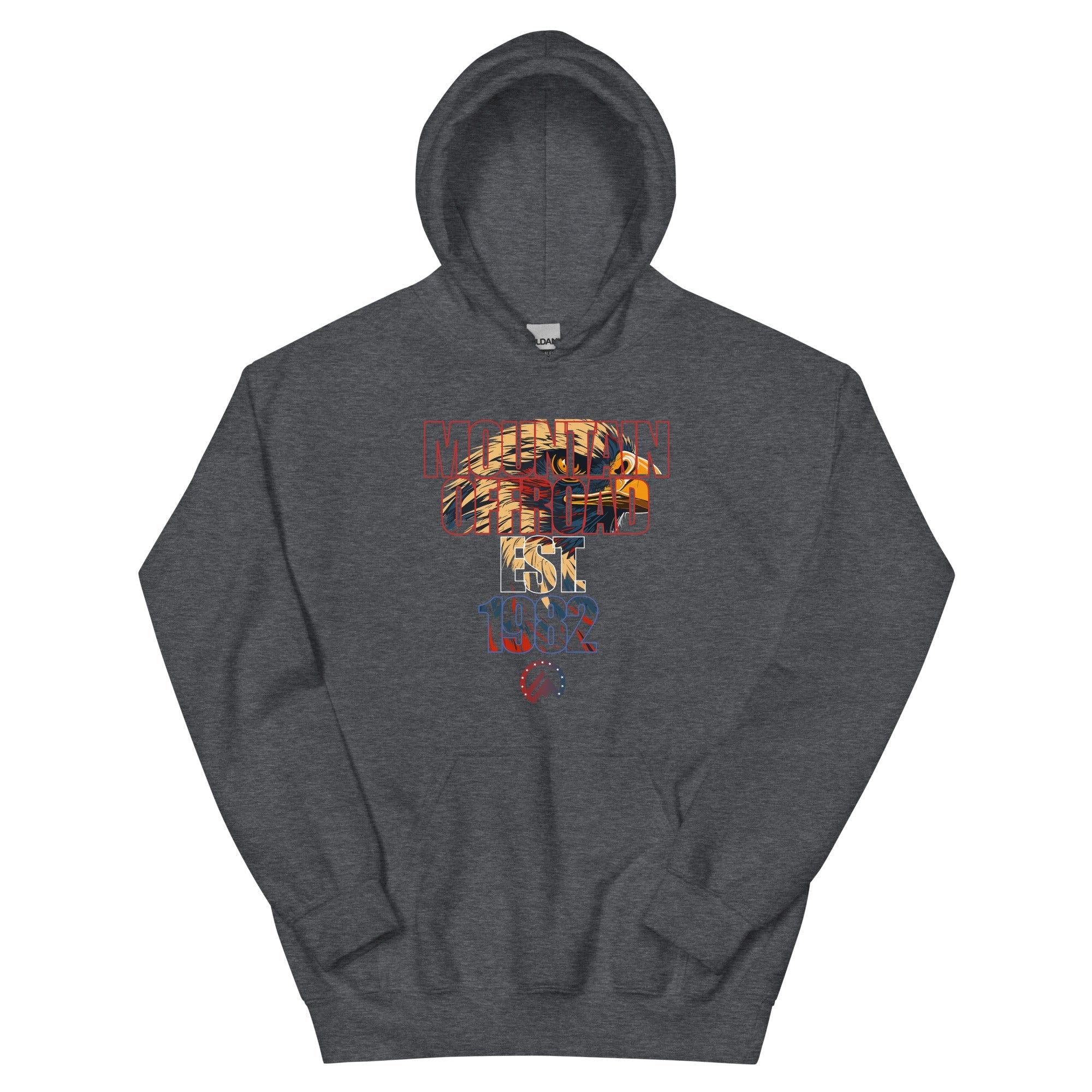 Dark gray hoodie with mountain offroad eagle graphic and 'EST. 1982' text