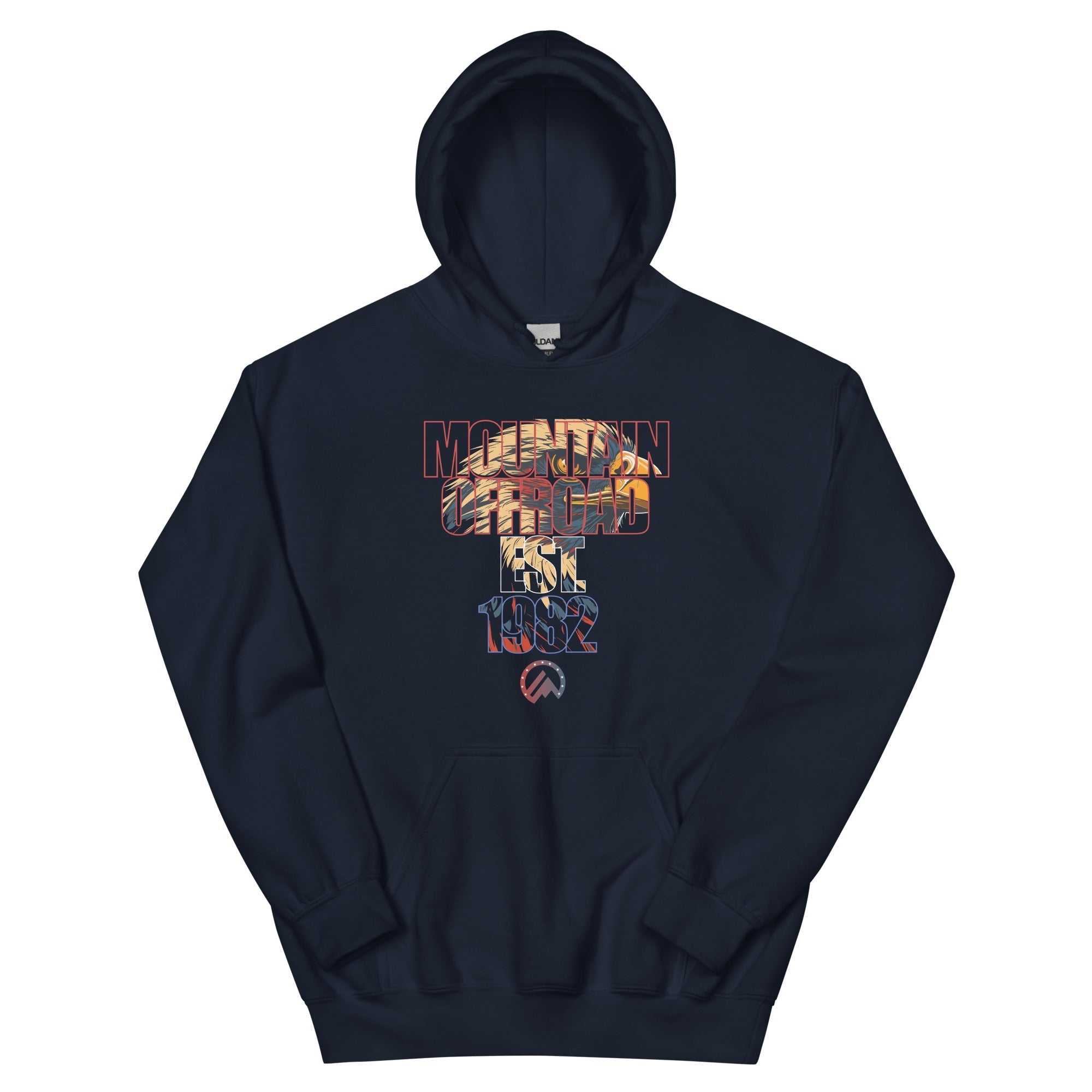 Navy hoodie with 'Mountain Offroad Est. 1982' and eagle graphic, adventure gear apparel