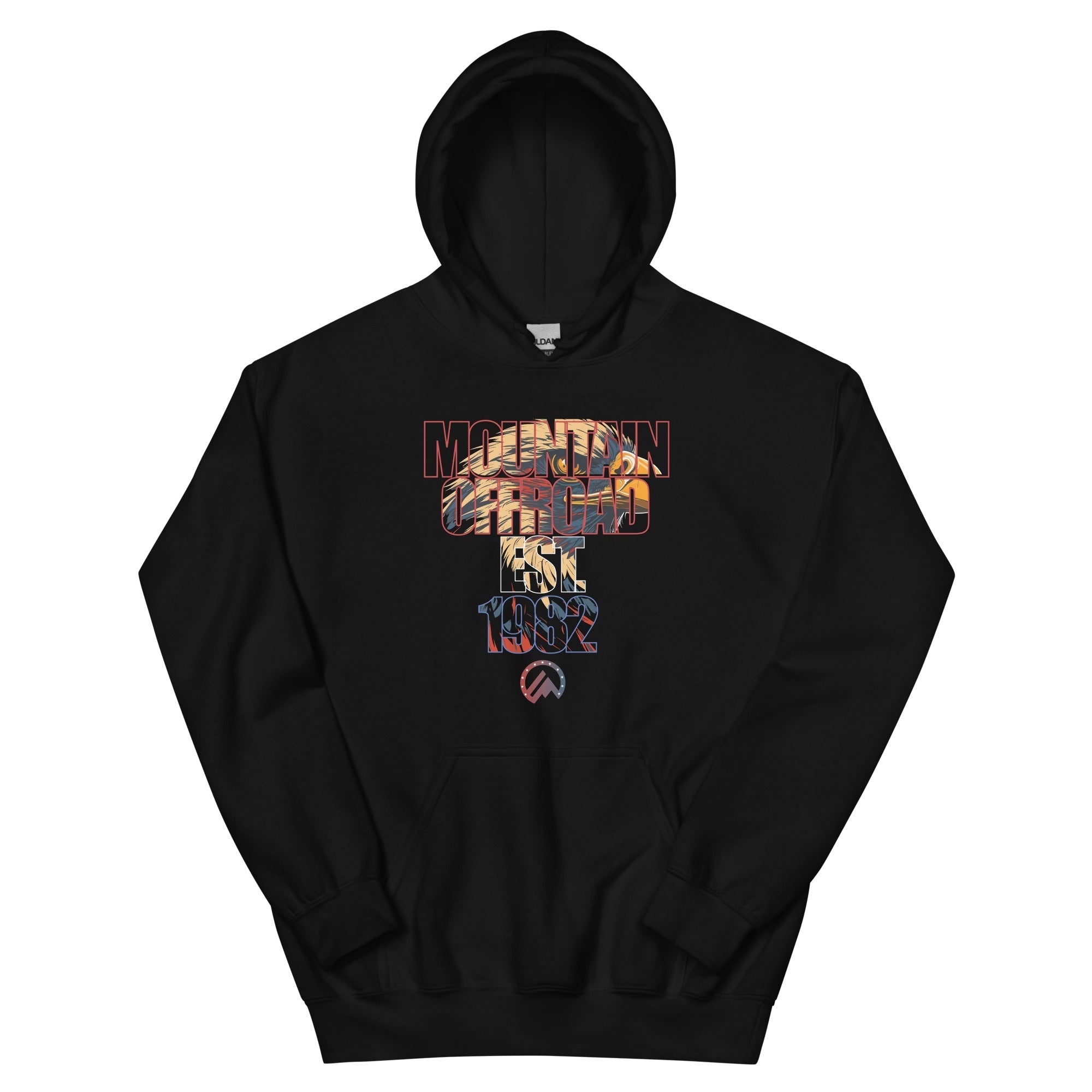 Black hoodie with Mountain Offroad Est 1982 eagle graphic, adventure camping apparel