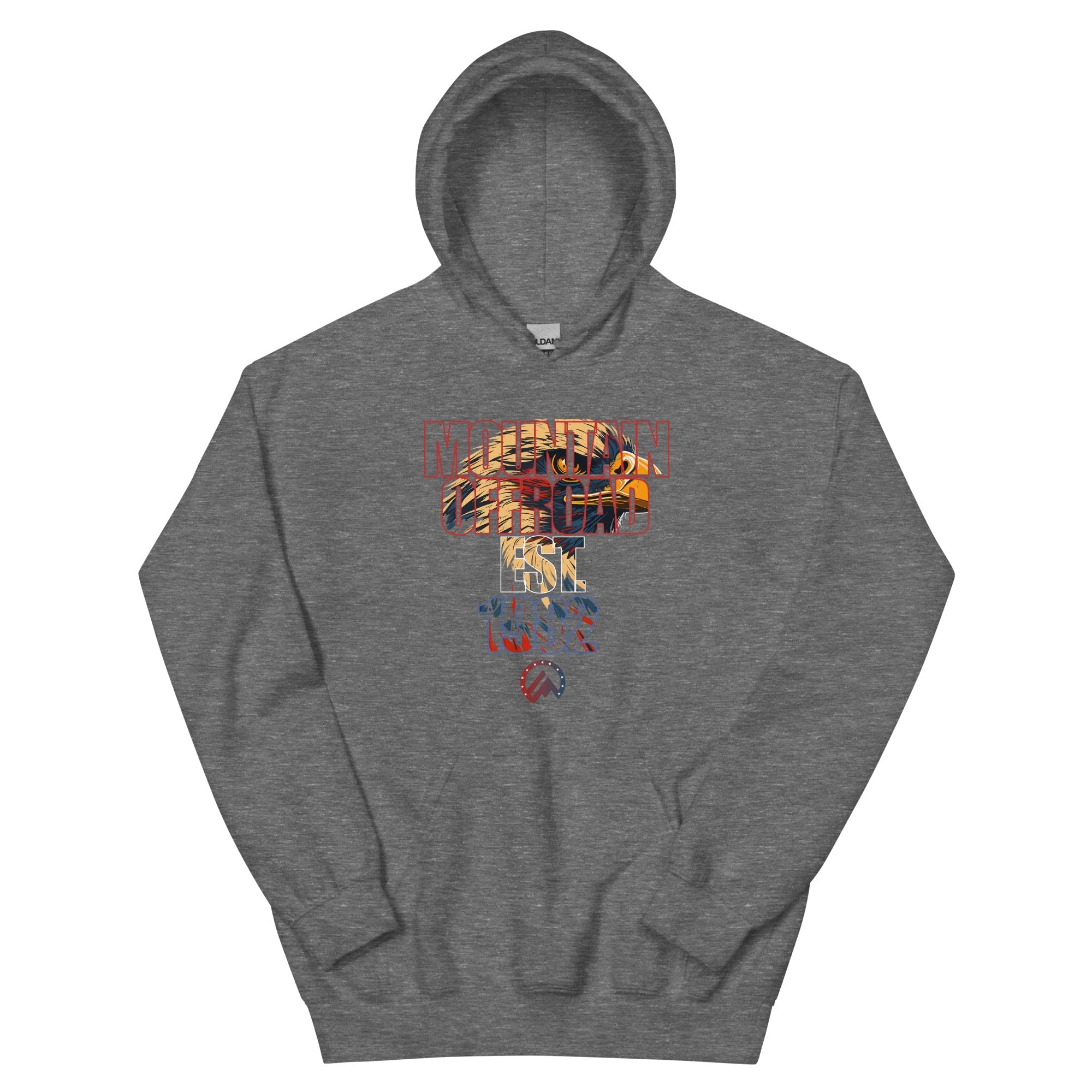 Gray hoodie with mountain offroad eagle graphic and adventure text on the front.