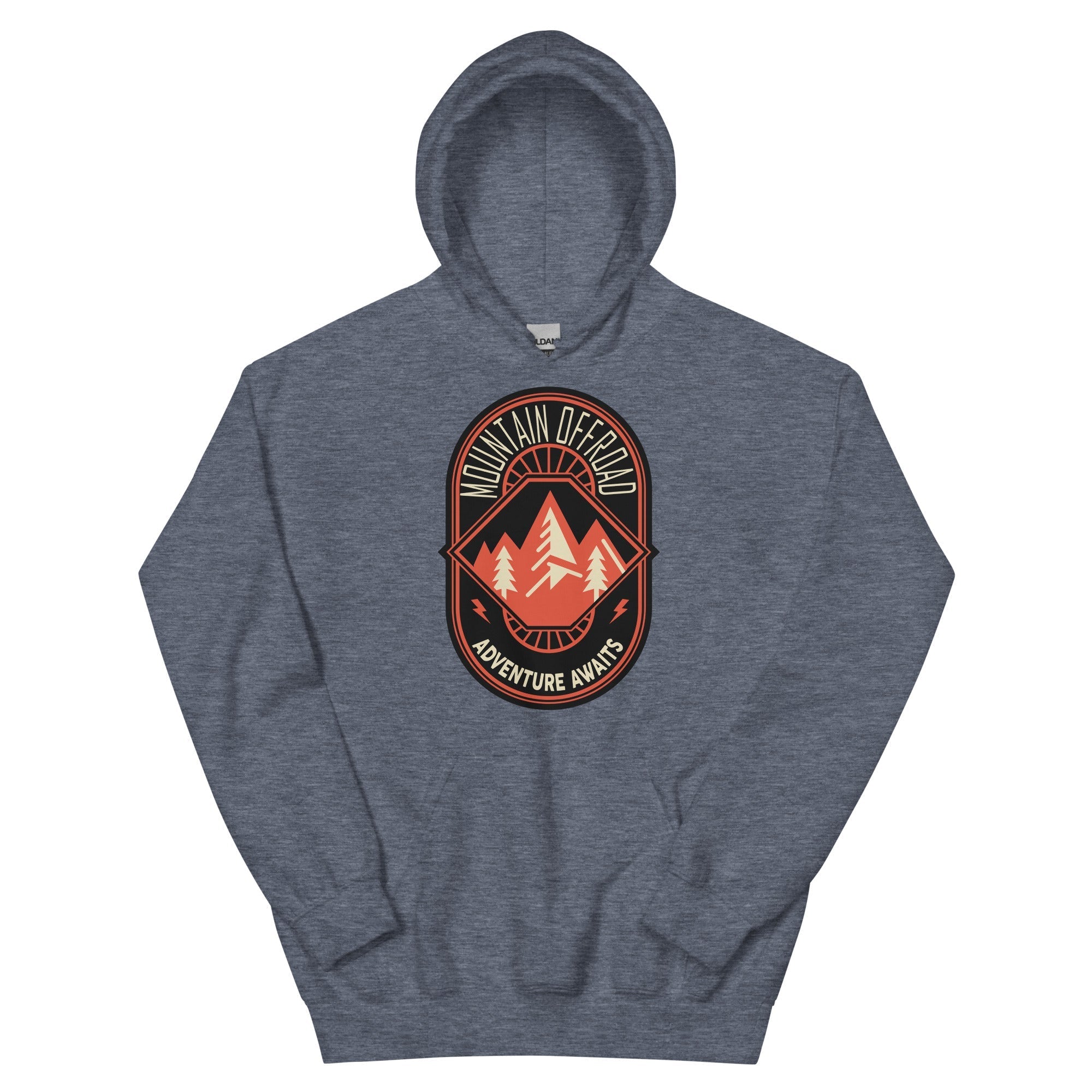 Gray hoodie with mountain offroad adventure badge and pine tree graphic