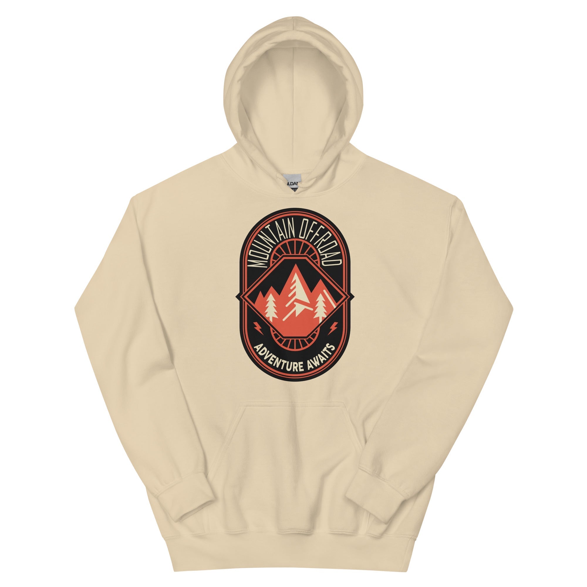 Beige hoodie with mountain offroad adventure badge graphic and pine tree design on front.