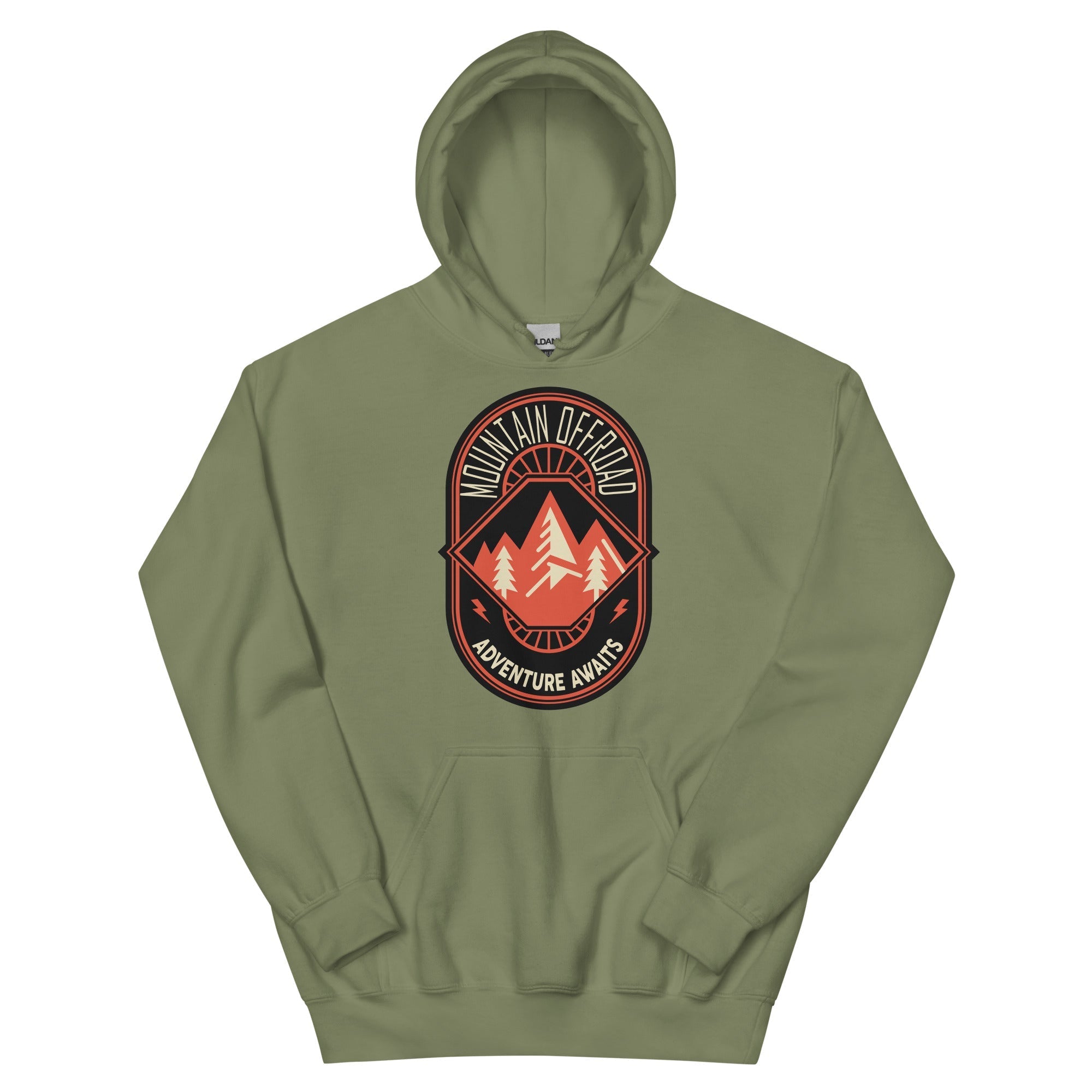 Olive green hoodie with 'Mountain Offroad Adventure Awaits' and mountain graphic on front.