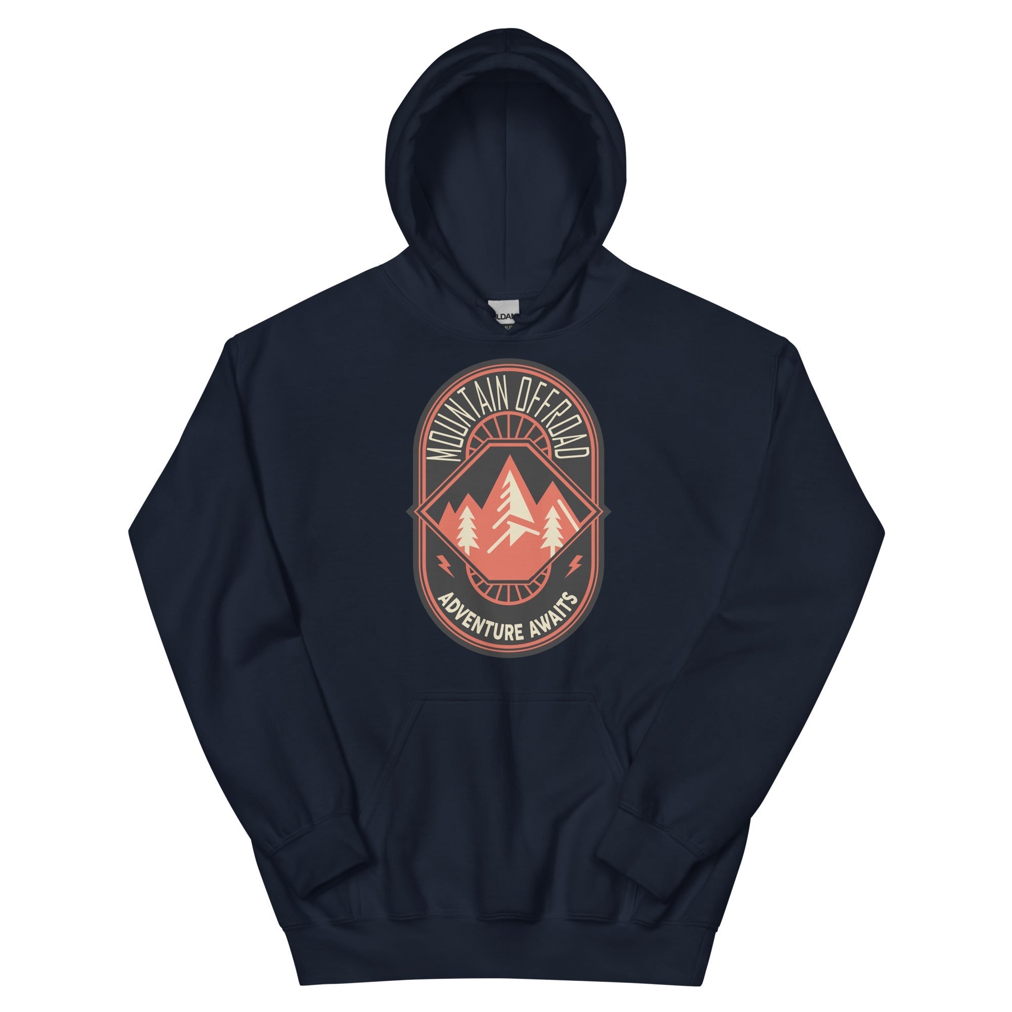 Navy hoodie with mountain offroad adventure awaits graphic and pine tree design