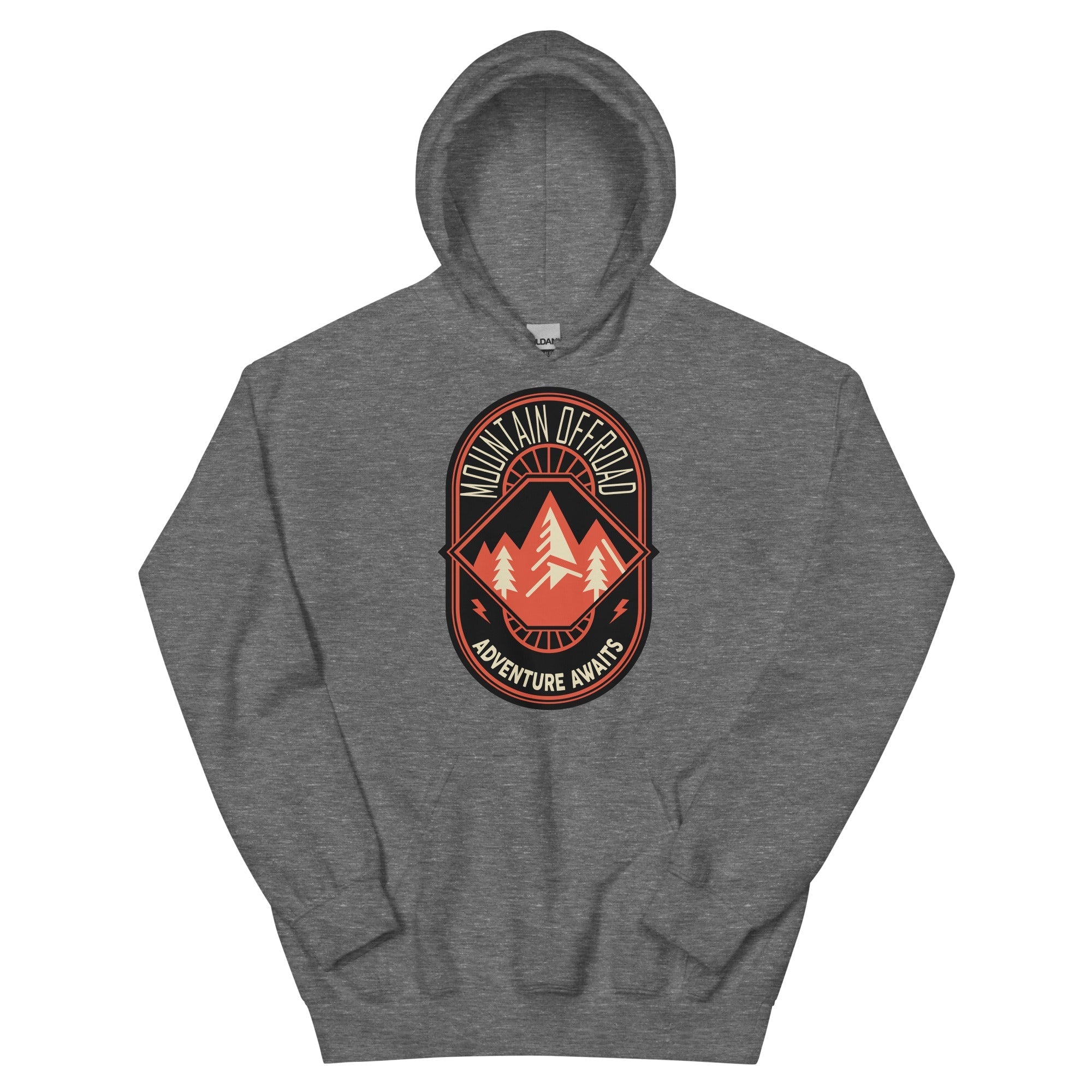 Gray hoodie with Mountain Offroad Explorer patch, featuring mountain and trees graphic.