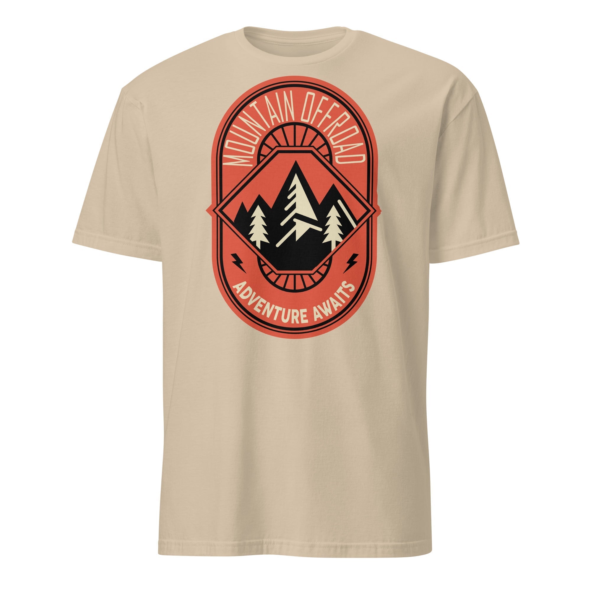 Beige t-shirt with Mountain Offroad Explorer graphic, featuring trees and mountains, adventure awaits text