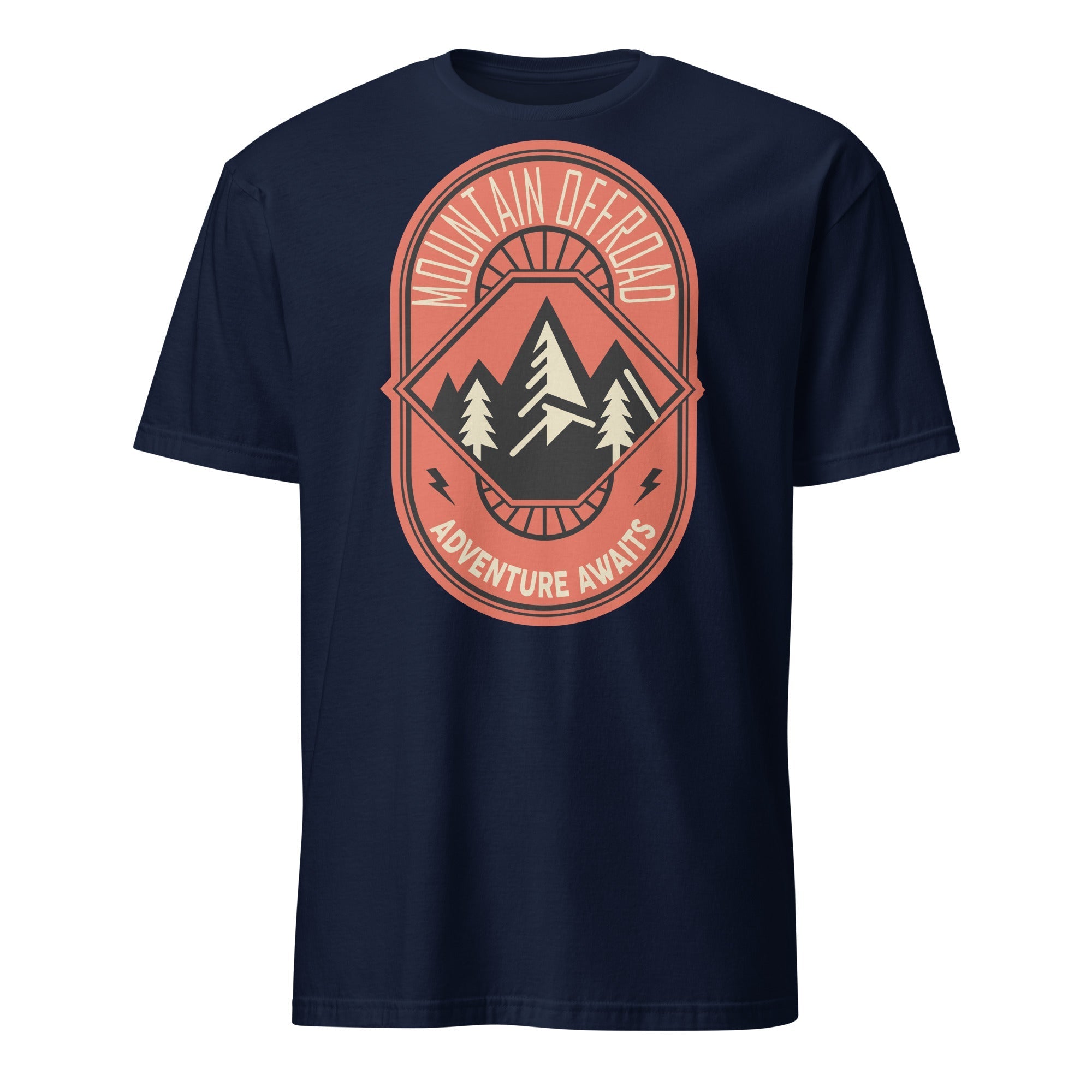 Navy t-shirt with mountain offroad patch design, pine trees, and 'Adventure Awaits' text