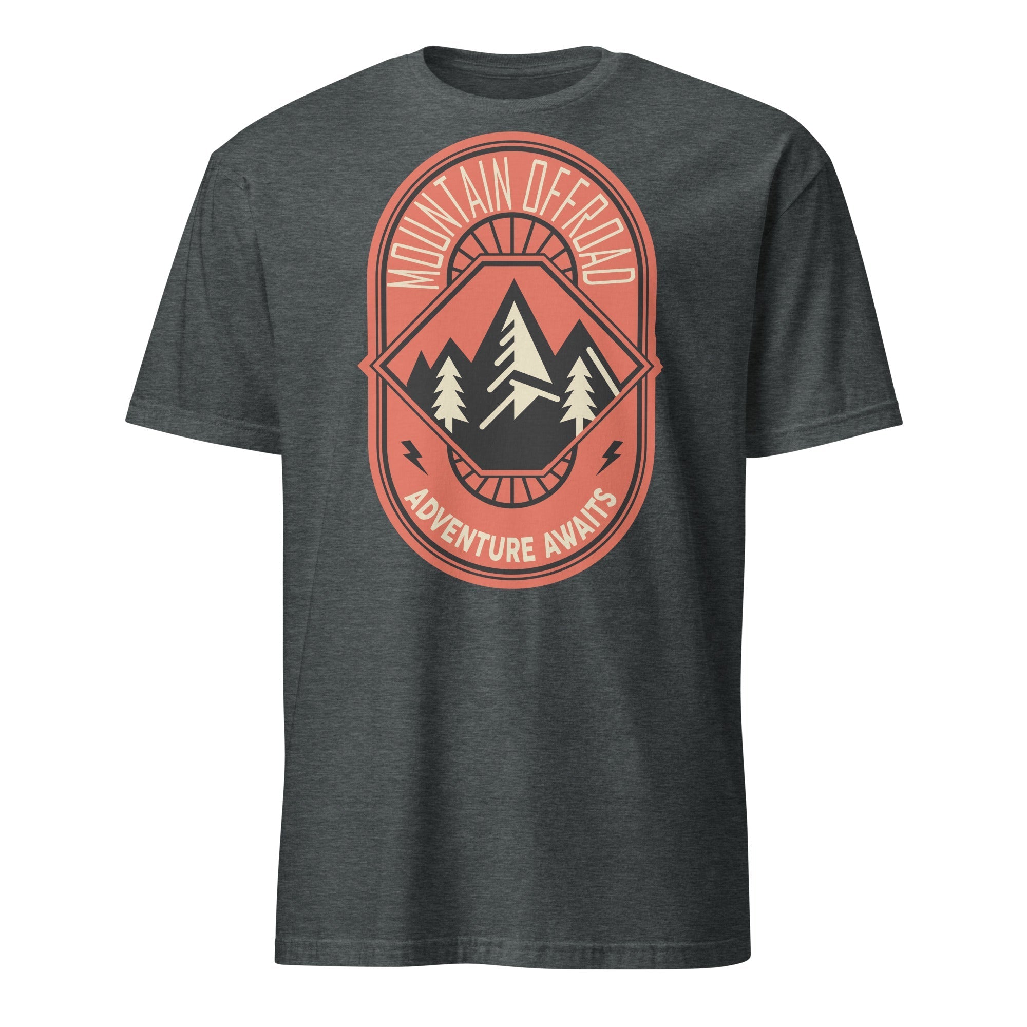 Dark grey t-shirt with 'Mountain Offroad Adventure Awaits' badge and mountain graphics
