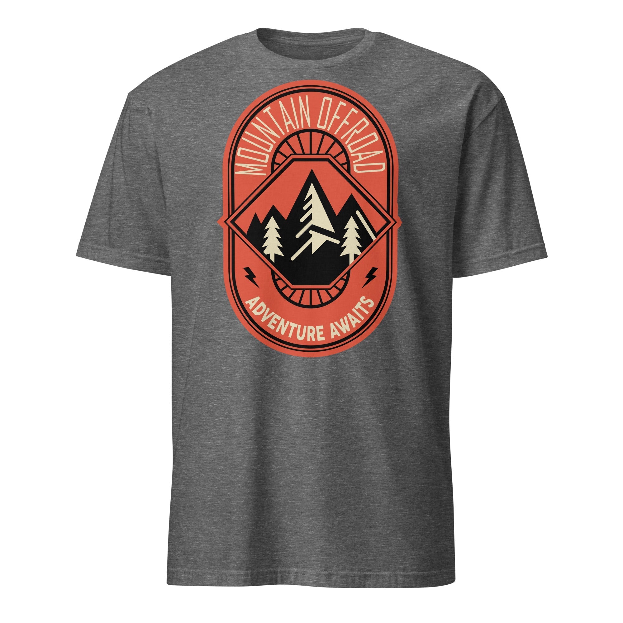 Gray t-shirt with Mountain Offroad Adventure Awaits graphic and mountain forest emblem