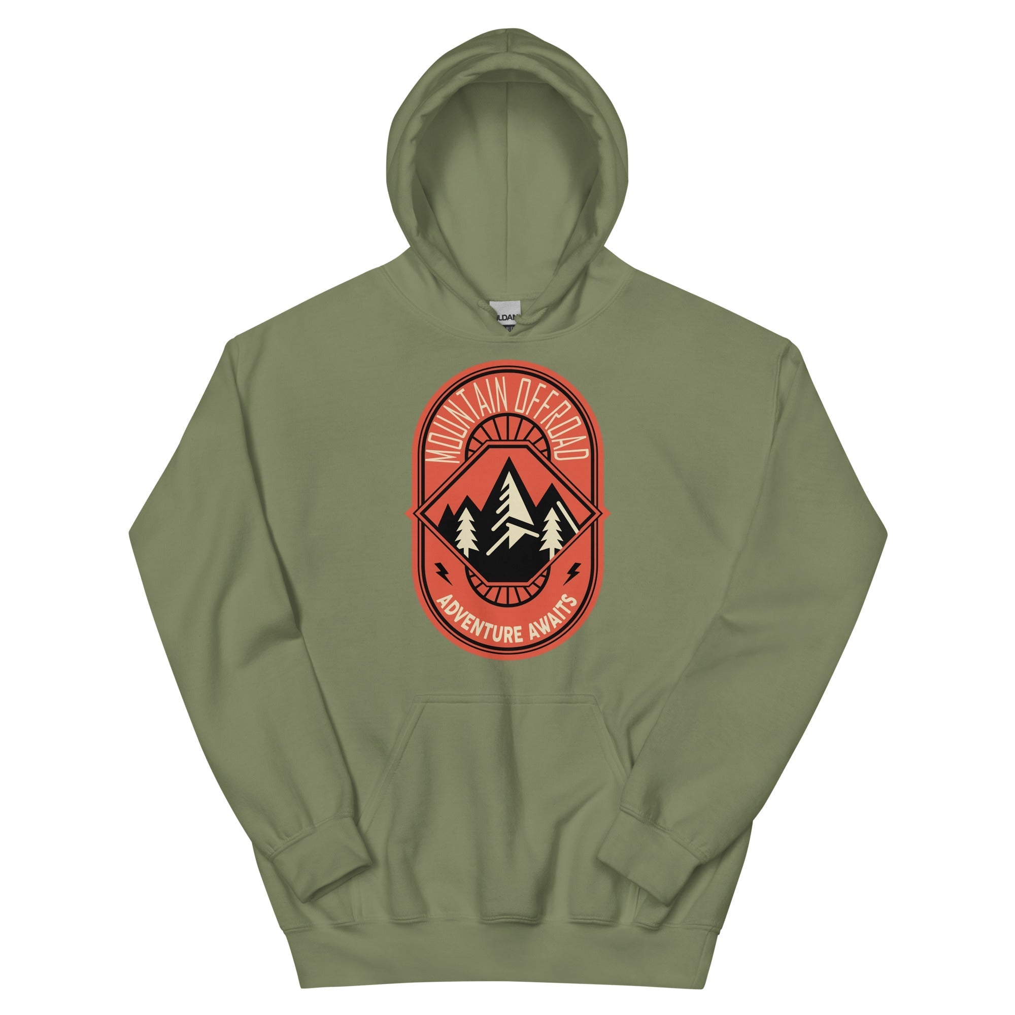 Olive green hoodie with mountain offroad adventure graphic and pine tree design