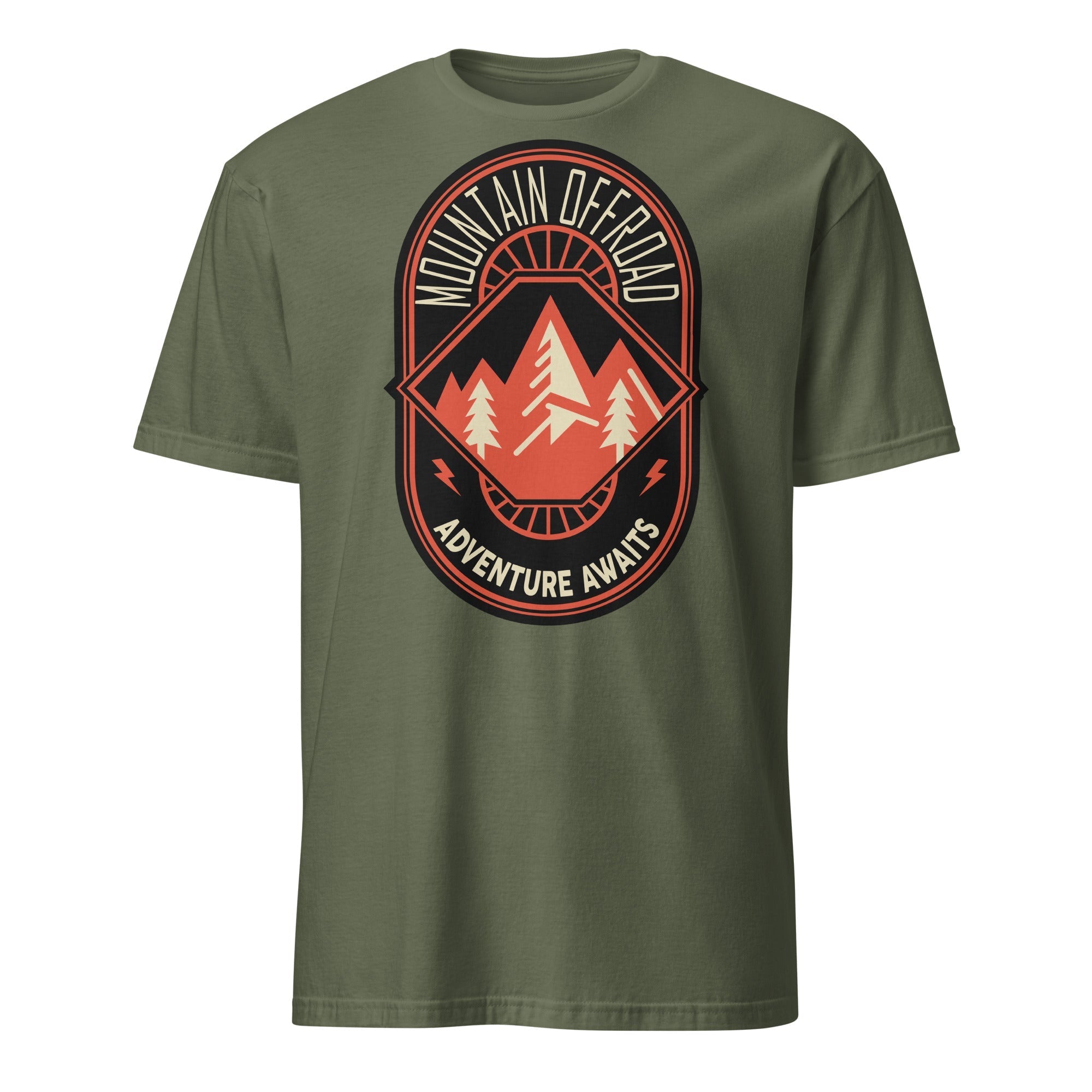 Olive green t-shirt with mountain offroad adventure awaits graphic and pine trees