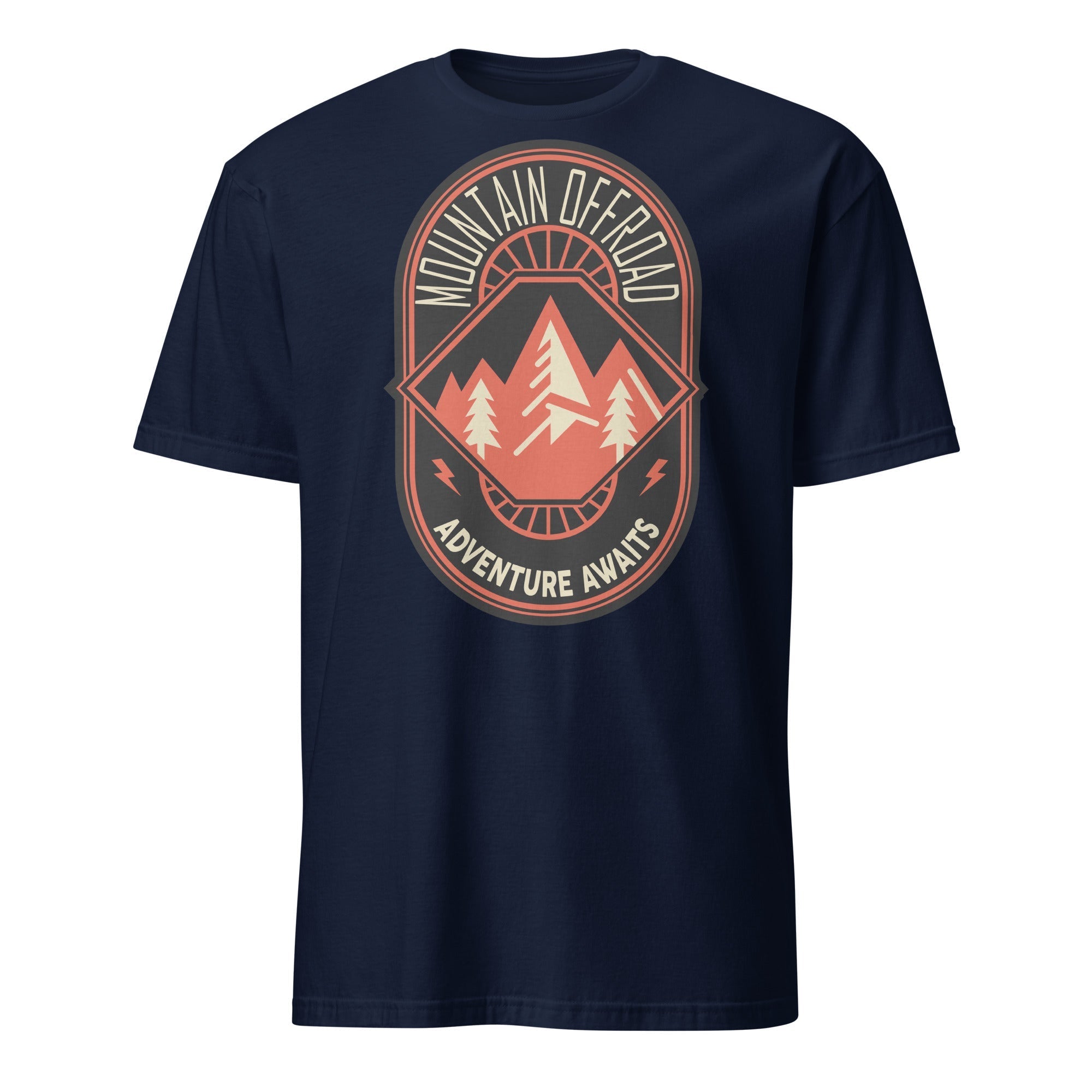 Navy t-shirt with Mountain Offroad Adventure Awaits outdoor camping graphic and trees
