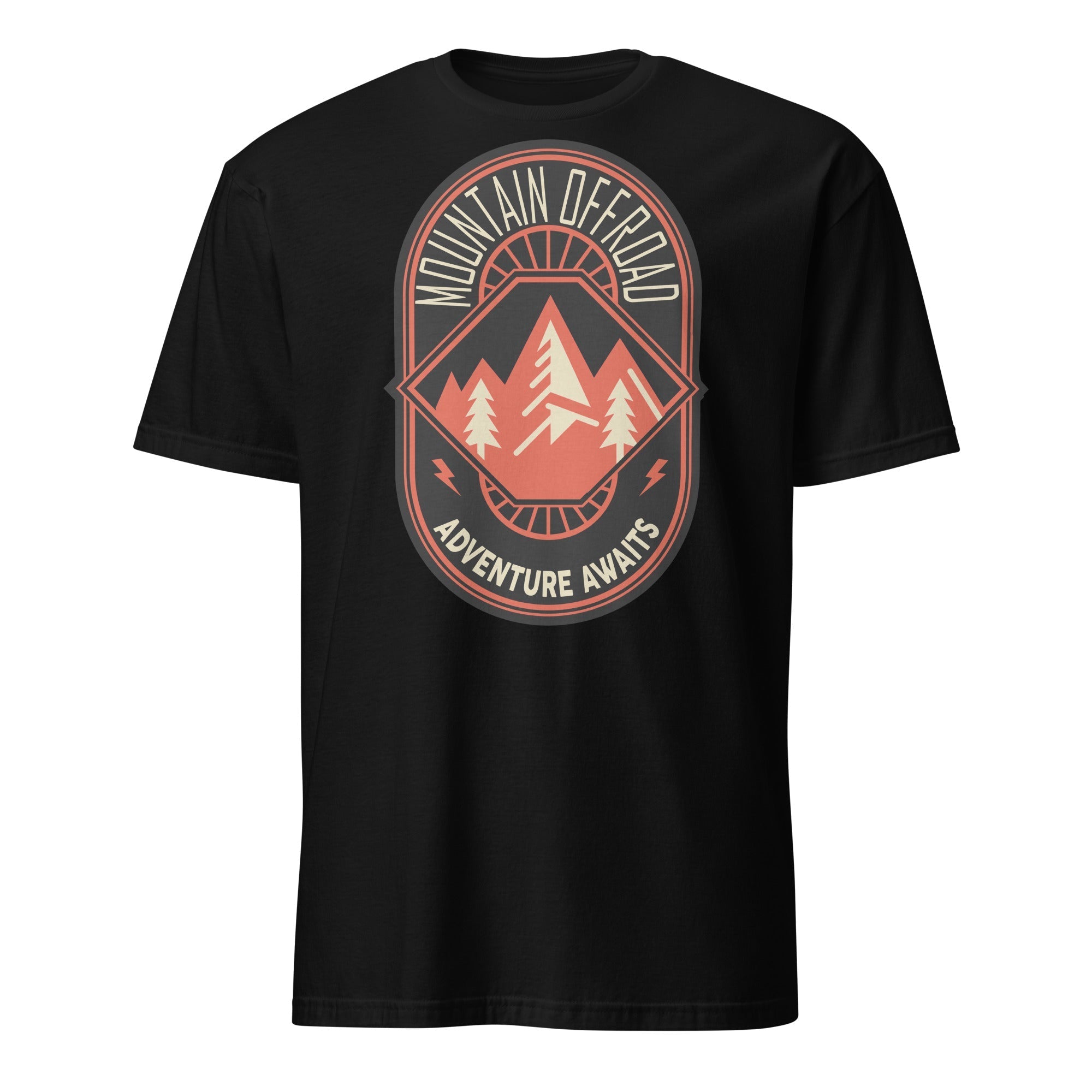 Black t-shirt with mountain offroad adventure graphic and trees design.